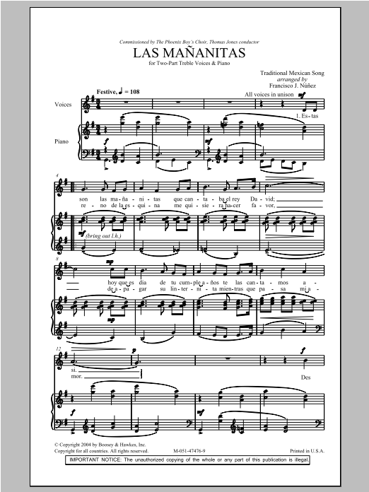 Download Traditional Las Mananitas (arr. Francisco J. Nunez) Sheet Music and learn how to play 2-Part Choir PDF digital score in minutes