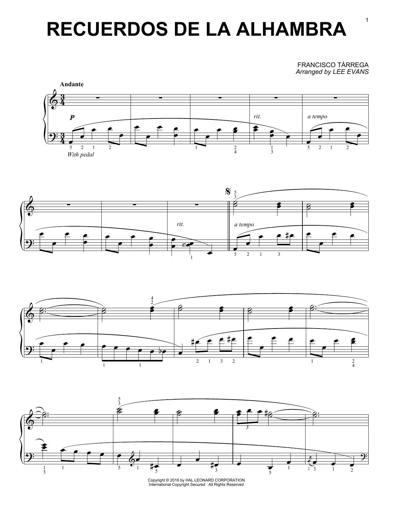 Download Lee Evans Recuerdos de la Alhambra Sheet Music and learn how to play Piano PDF digital score in minutes