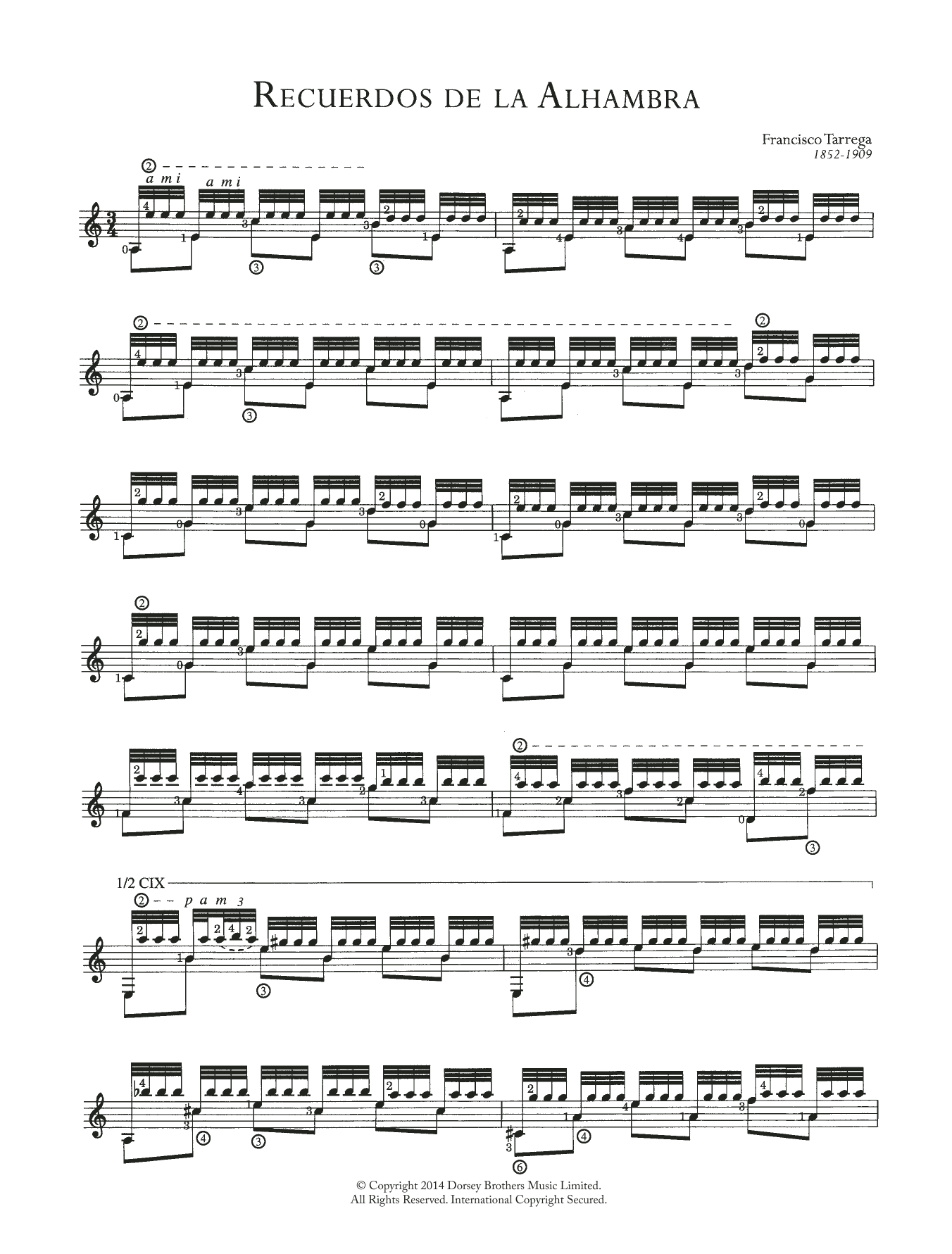 Download Francisco Tárrega Recuerdos de la Alhambra Sheet Music and learn how to play String Solo PDF digital score in minutes