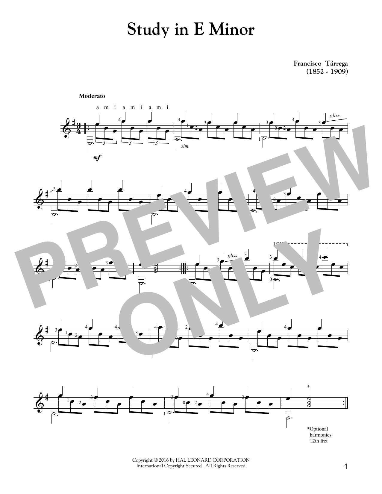 Download Francisco Tarrega Study In E Minor Sheet Music and learn how to play Solo Guitar PDF digital score in minutes
