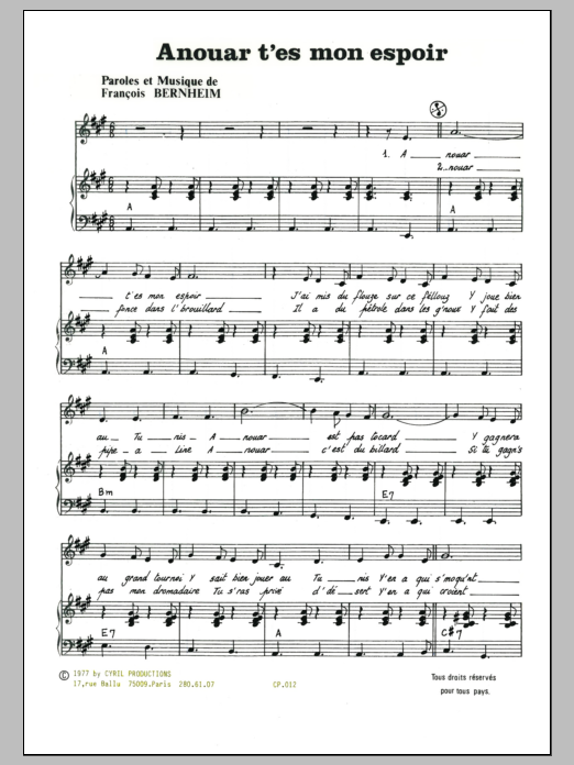 Download Francois Bernheim Ainhouar T'es Mon Espoir Sheet Music and learn how to play Piano & Vocal PDF digital score in minutes