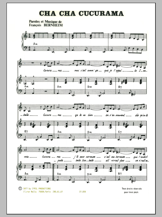 Download Francois Bernheim Cha Cha Cha Cucurama Sheet Music and learn how to play Piano & Vocal PDF digital score in minutes