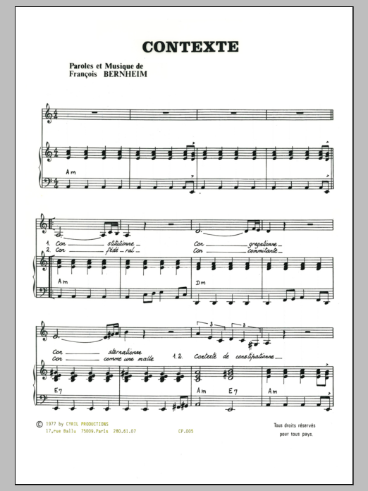 Download Francois Bernheim Contexte Sheet Music and learn how to play Piano & Vocal PDF digital score in minutes