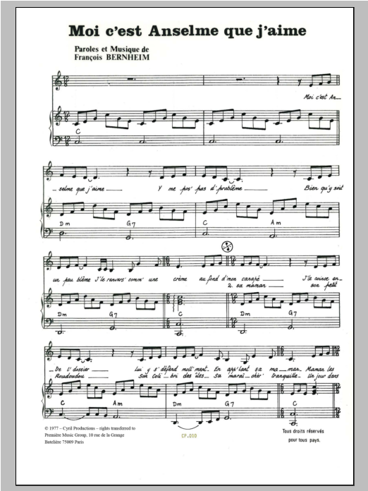 Download Francois Bernheim Moi C'est Anselme Que J'aime Sheet Music and learn how to play Piano & Vocal PDF digital score in minutes