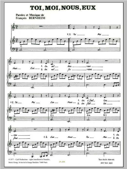 Download Francois Bernheim Toi, Moi, Nous, Eux Sheet Music and learn how to play Piano & Vocal PDF digital score in minutes