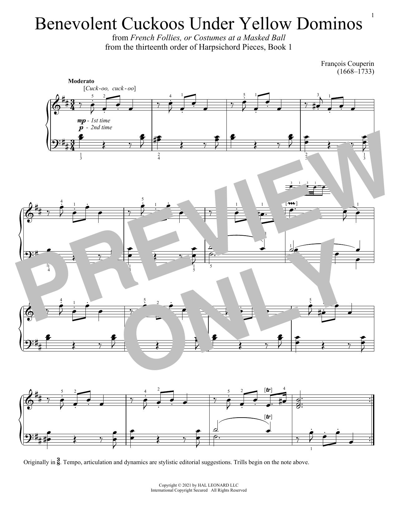 Download Francois Couperin Benevolent Cuckoos Under Yellow Dominos Sheet Music and learn how to play Piano Solo PDF digital score in minutes