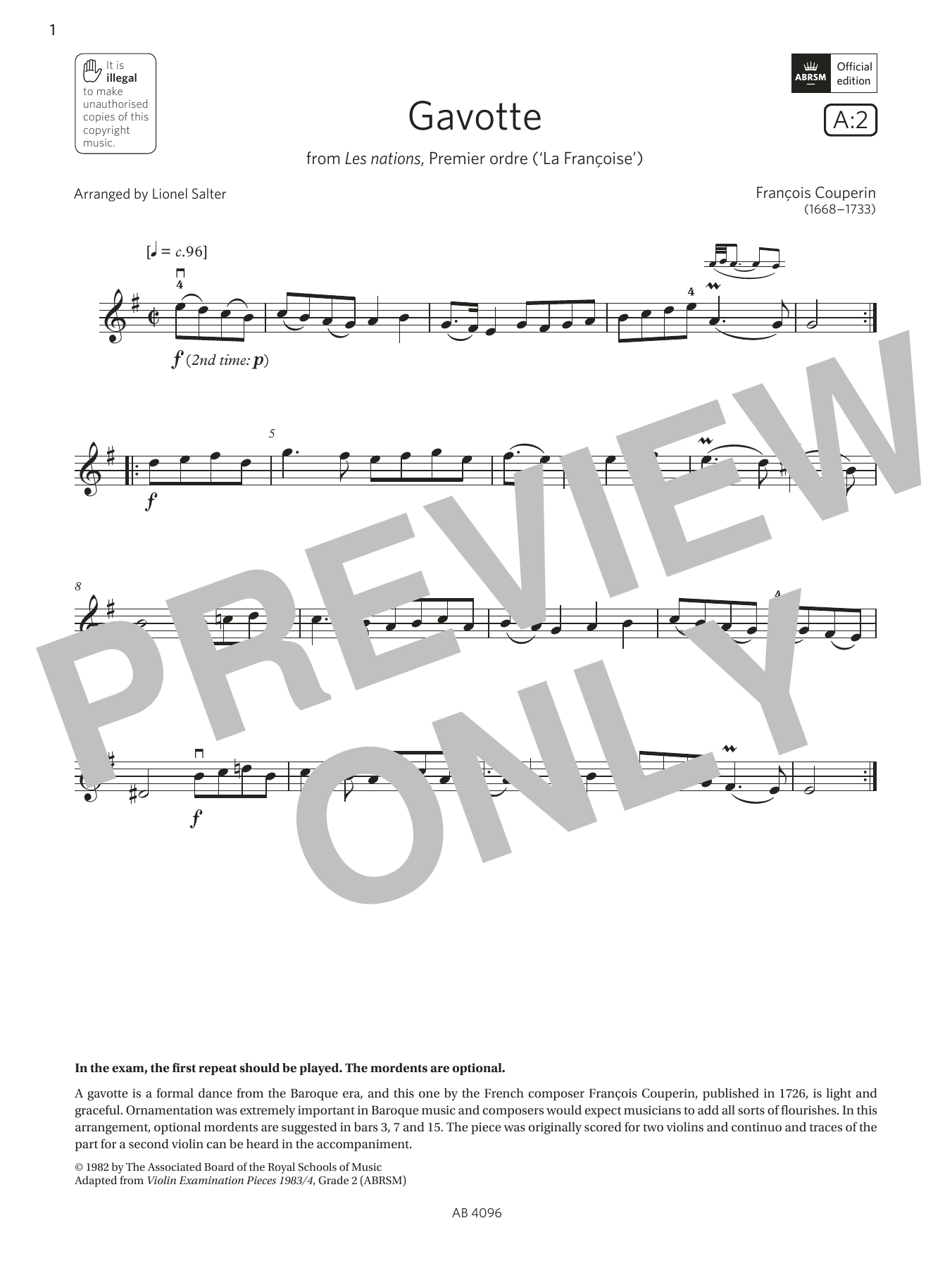 Download François Couperin Gavotte (Grade 2, A2, from the ABRSM Violin Syllabus from 2024) Sheet Music and learn how to play Violin Solo PDF digital score in minutes