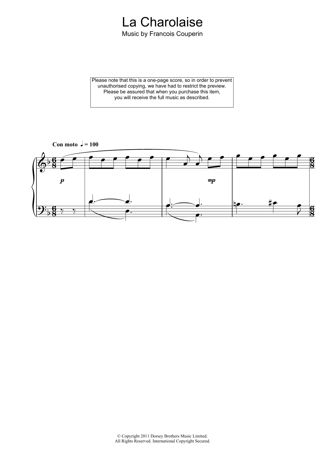 Download Francois Couperin La Charolaise Sheet Music and learn how to play Piano PDF digital score in minutes