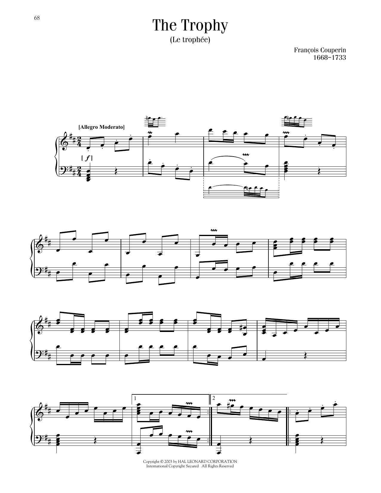 Download Francois Couperin Le Trophee (The Trophy) Sheet Music and learn how to play Piano Solo PDF digital score in minutes