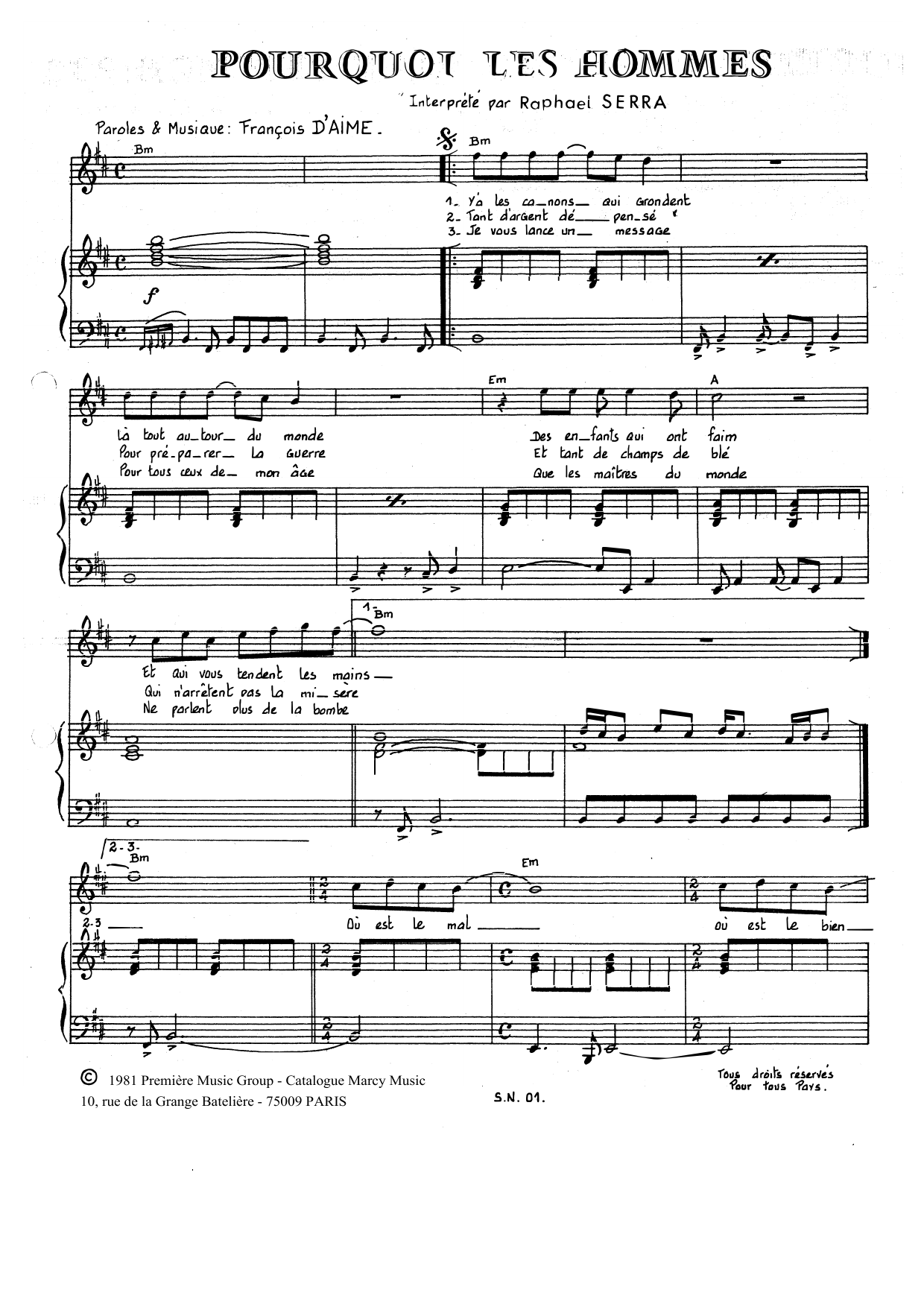 Download François d'Aime Pourquoi Les Hommes Sheet Music and learn how to play Piano & Vocal PDF digital score in minutes