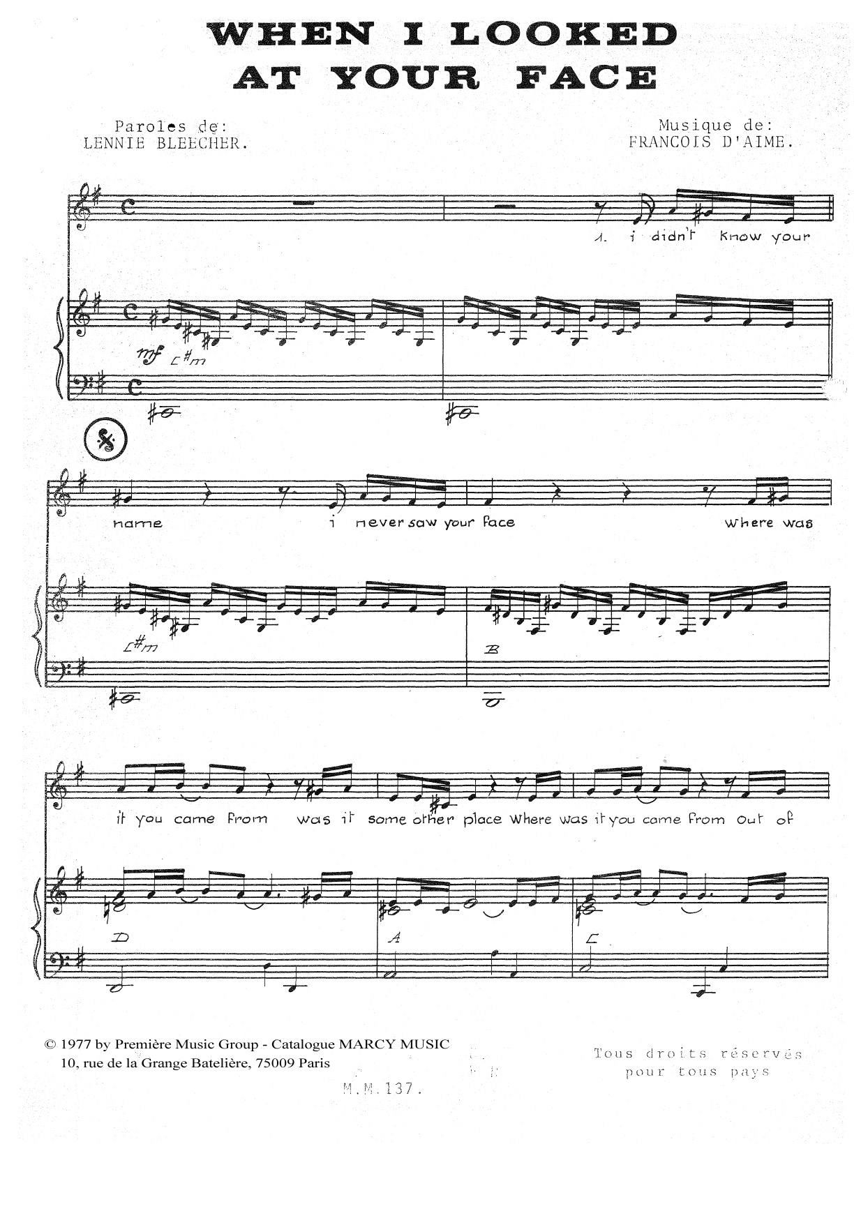 Download François d'Aime When I Looked At Your Face Sheet Music and learn how to play Piano & Vocal PDF digital score in minutes