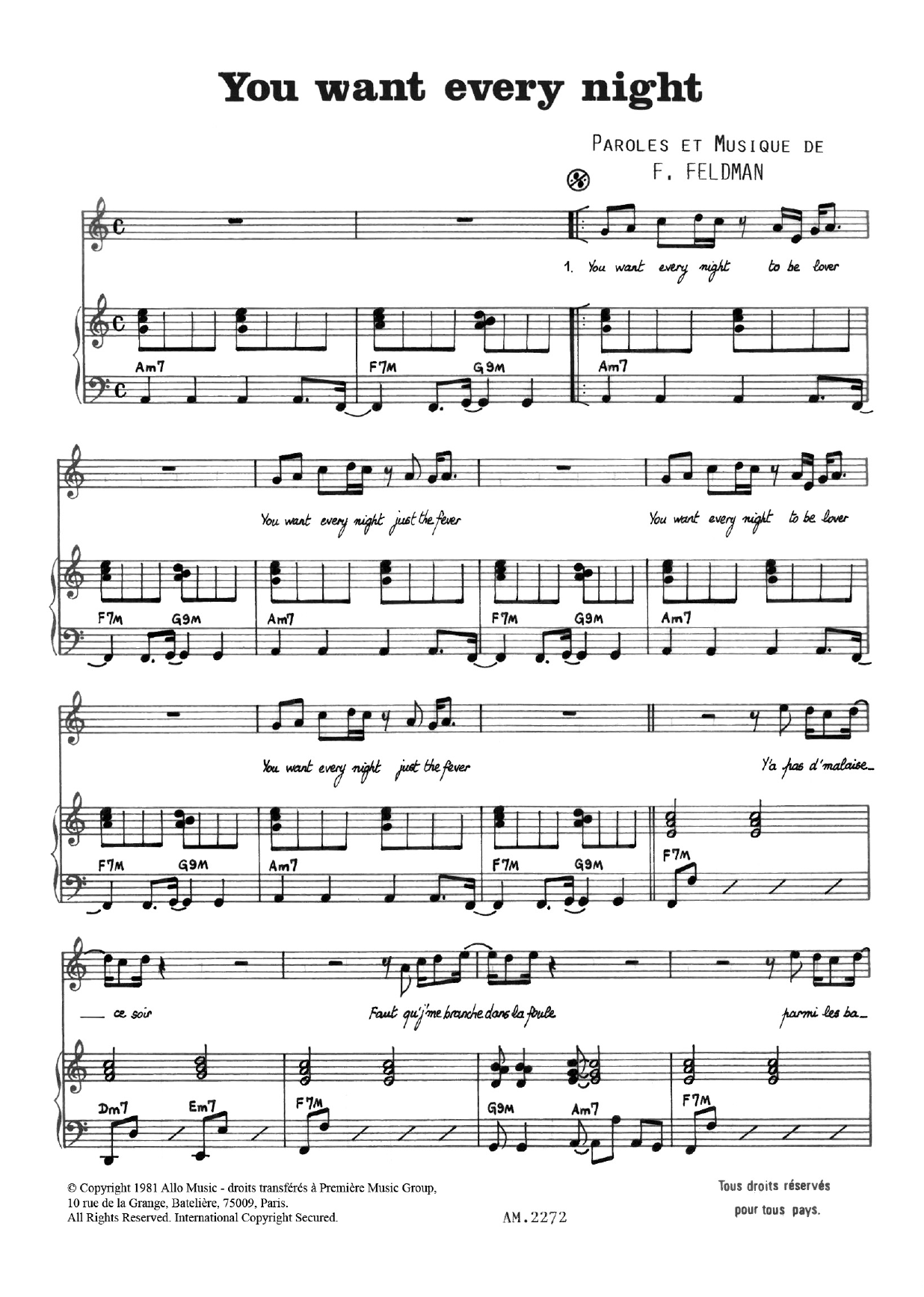 Download Francois Feldman You Want Every Night Sheet Music and learn how to play Piano & Vocal PDF digital score in minutes