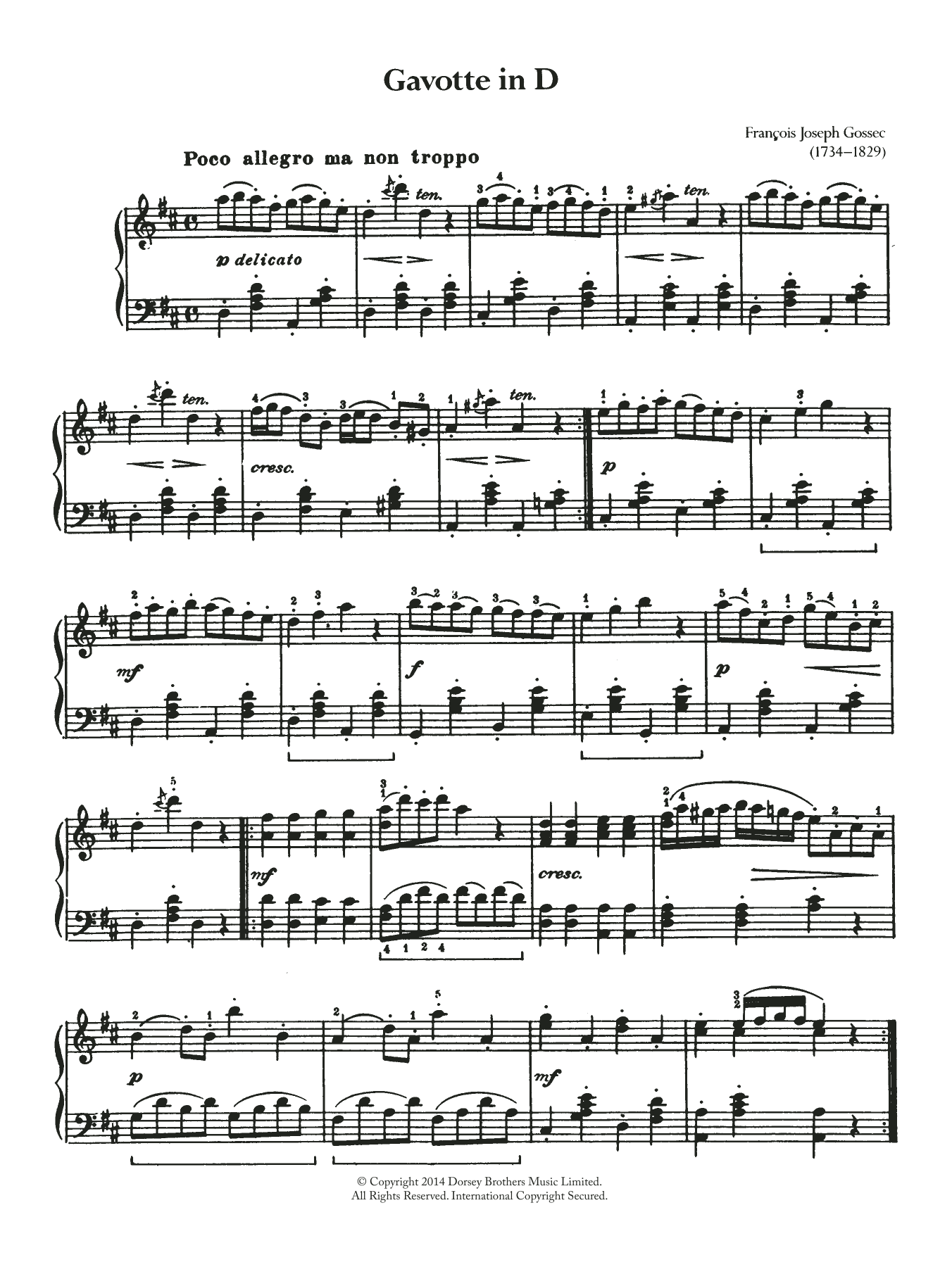 Download Francois Gossec Gavotte Sheet Music and learn how to play Piano PDF digital score in minutes