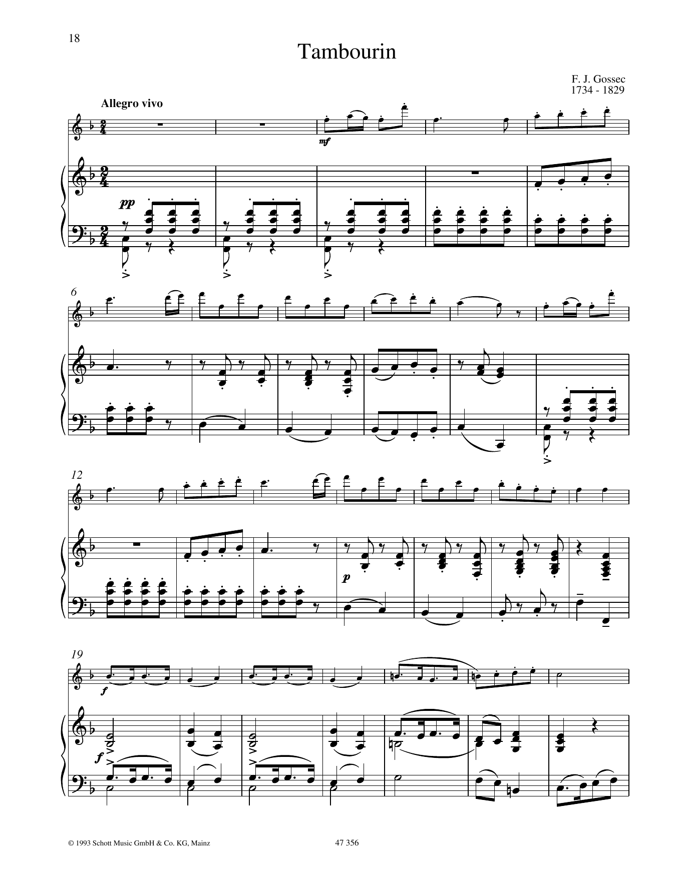 Download François-Joseph Gossec Tambourin Sheet Music and learn how to play Woodwind Solo PDF digital score in minutes