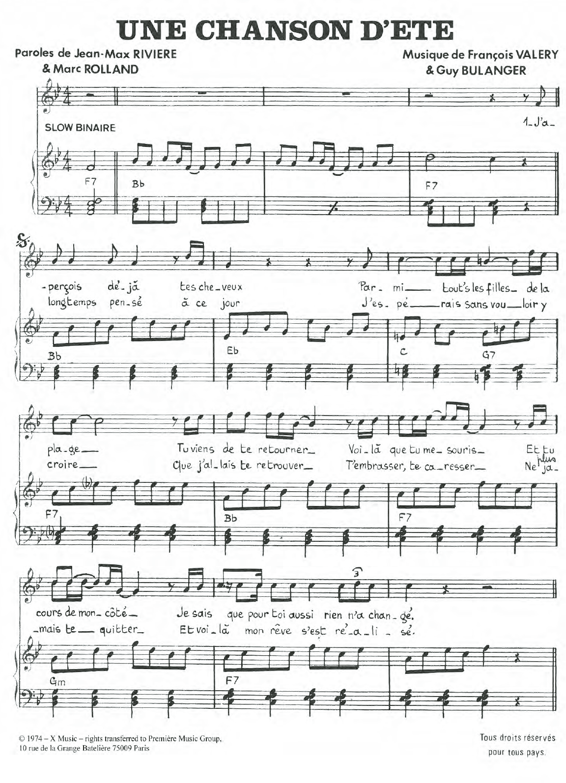 Download Francois Valery Une Chanson D'ete Sheet Music and learn how to play Piano & Vocal PDF digital score in minutes