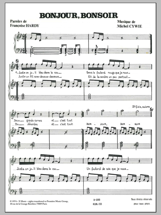 Download Françoise Hardy Bonjour Bonsoir Sheet Music and learn how to play Piano & Vocal PDF digital score in minutes
