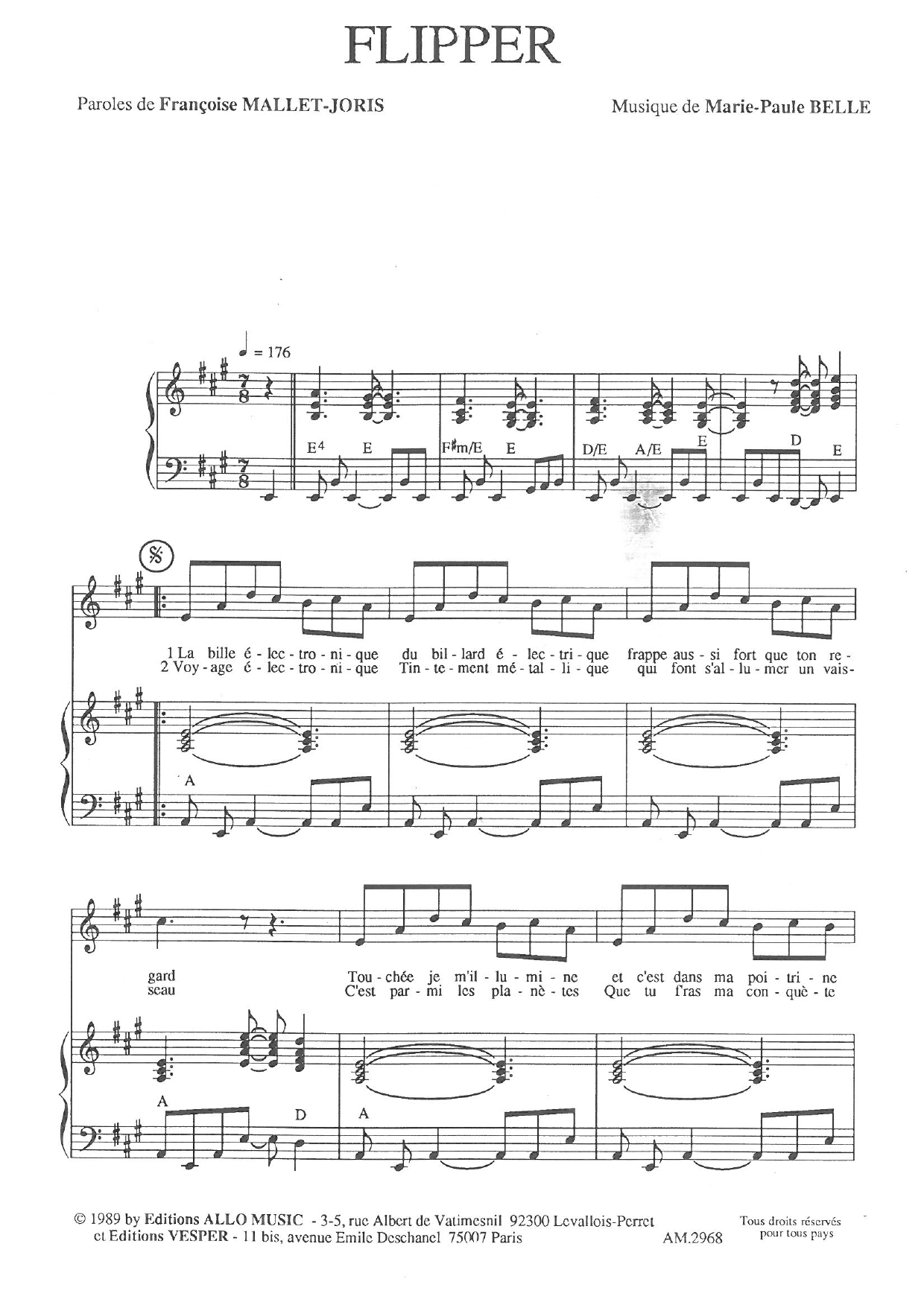 Download Françoise Mallet-Joris and Marie Paule Belle Flipper Sheet Music and learn how to play Piano & Vocal PDF digital score in minutes