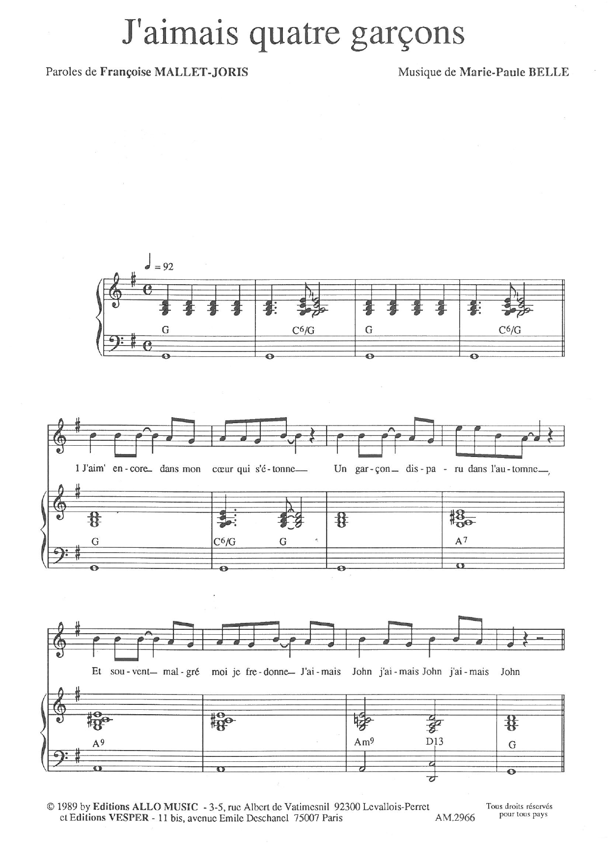 Download Françoise Mallet-Joris and Marie Paule Belle J'aimais Quatre Garçons Sheet Music and learn how to play Piano & Vocal PDF digital score in minutes