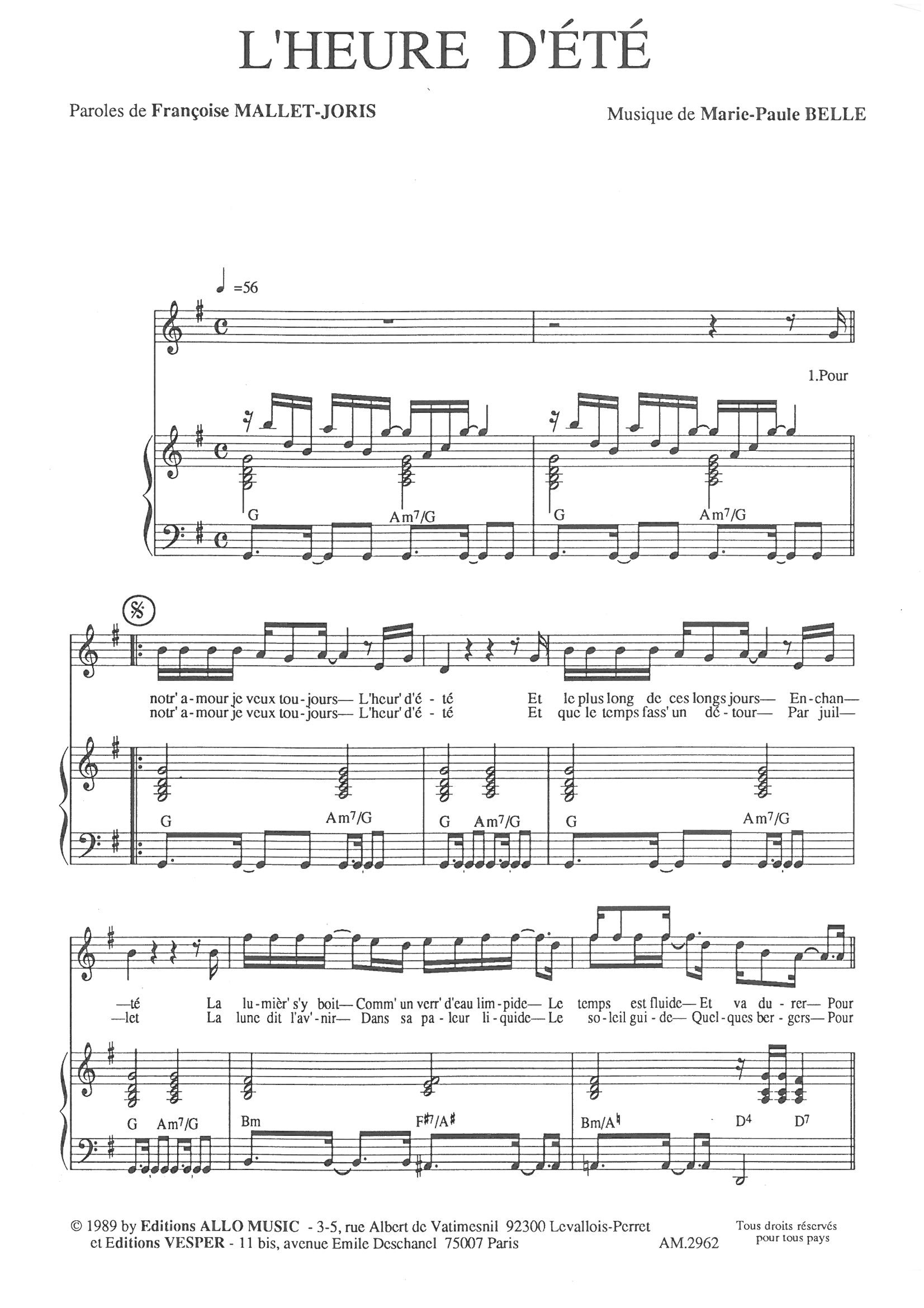 Download Françoise Mallet-Joris and Marie Paule Belle L'heure D'ete Sheet Music and learn how to play Piano & Vocal PDF digital score in minutes