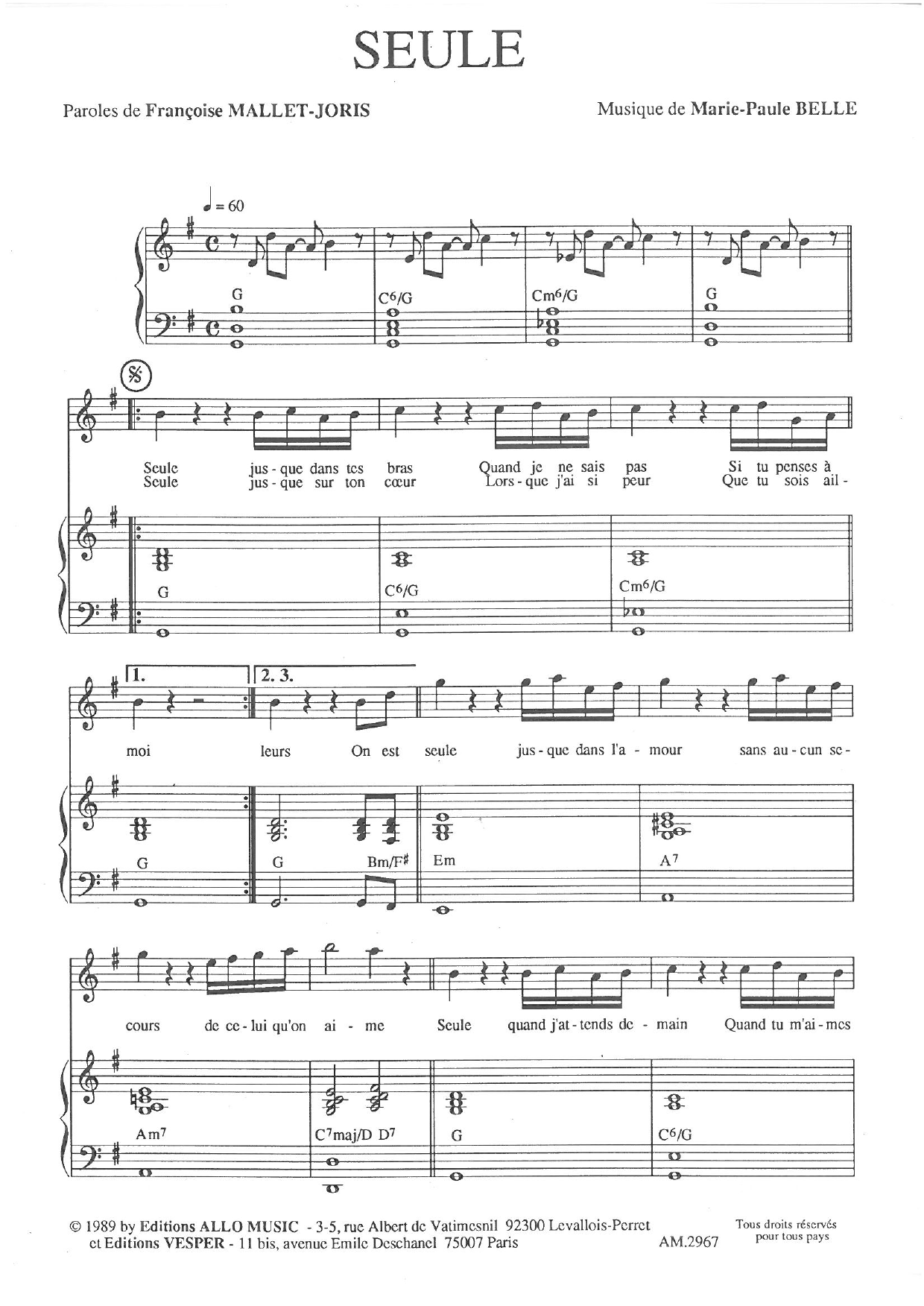 Download Françoise Mallet-Joris and Marie Paule Belle Seule Sheet Music and learn how to play Piano & Vocal PDF digital score in minutes