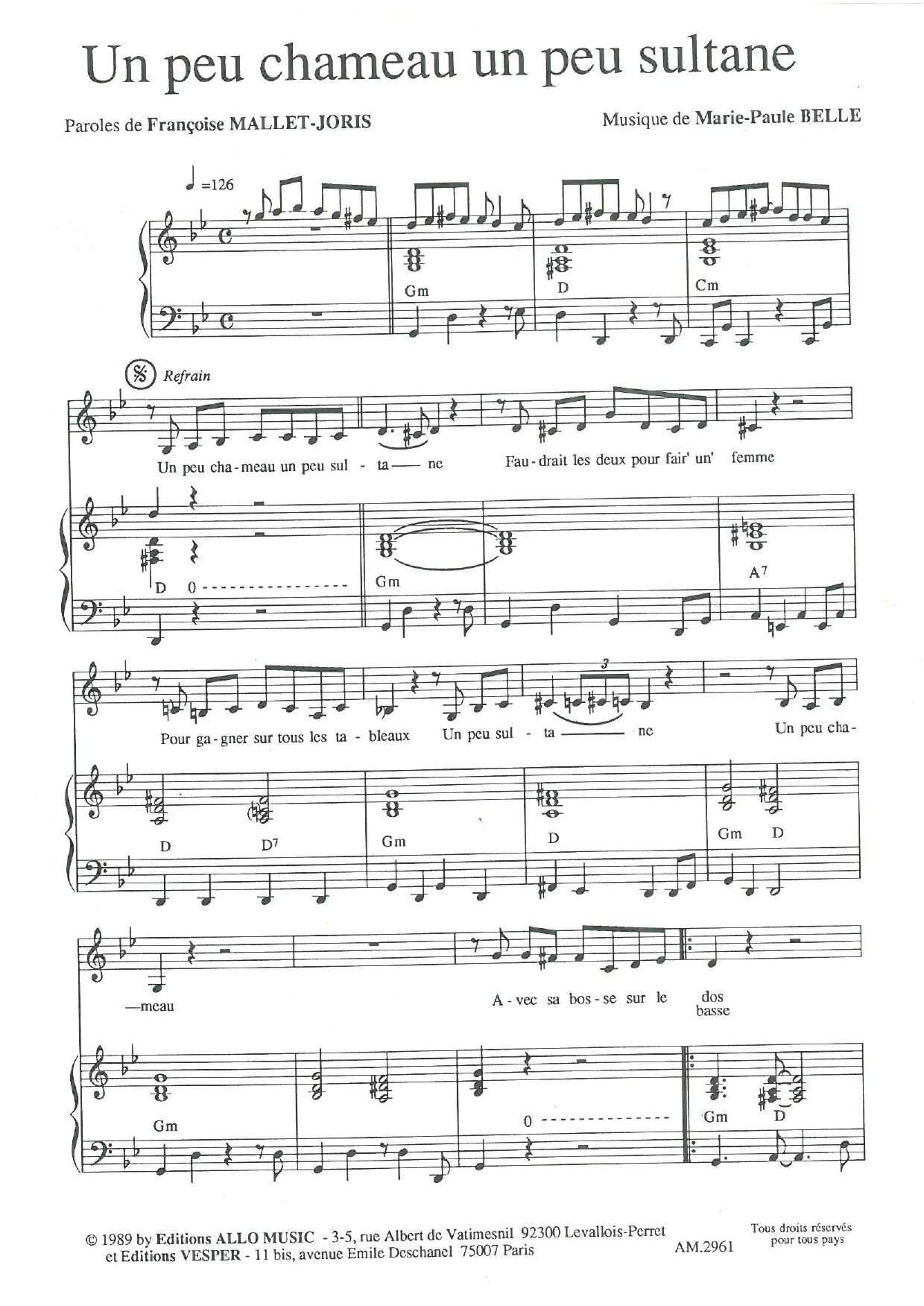Download Françoise Mallet-Joris and Marie Paule Belle Un Peu Chameau Un Peu Sultane Sheet Music and learn how to play Piano & Vocal PDF digital score in minutes