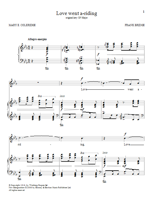 Download Frank Bridge Love went a-riding Sheet Music and learn how to play Piano & Vocal PDF digital score in minutes