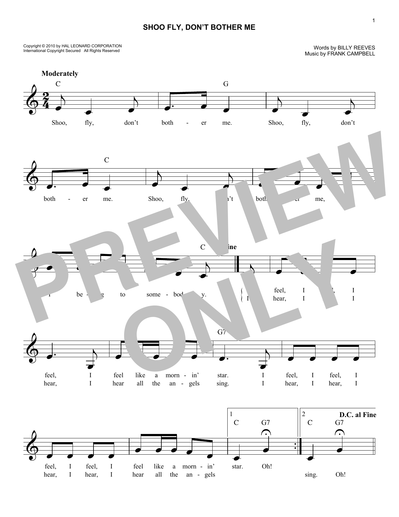 Download Frank Campbell Shoo Fly, Don't Bother Me Sheet Music and learn how to play Melody Line, Lyrics & Chords PDF digital score in minutes