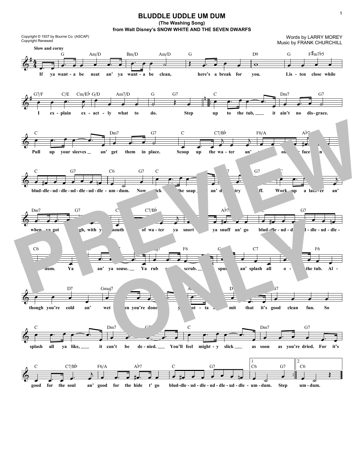 Download Frank Churchill Bluddle Uddle Um Dum (The Washing Song) Sheet Music and learn how to play Melody Line, Lyrics & Chords PDF digital score in minutes