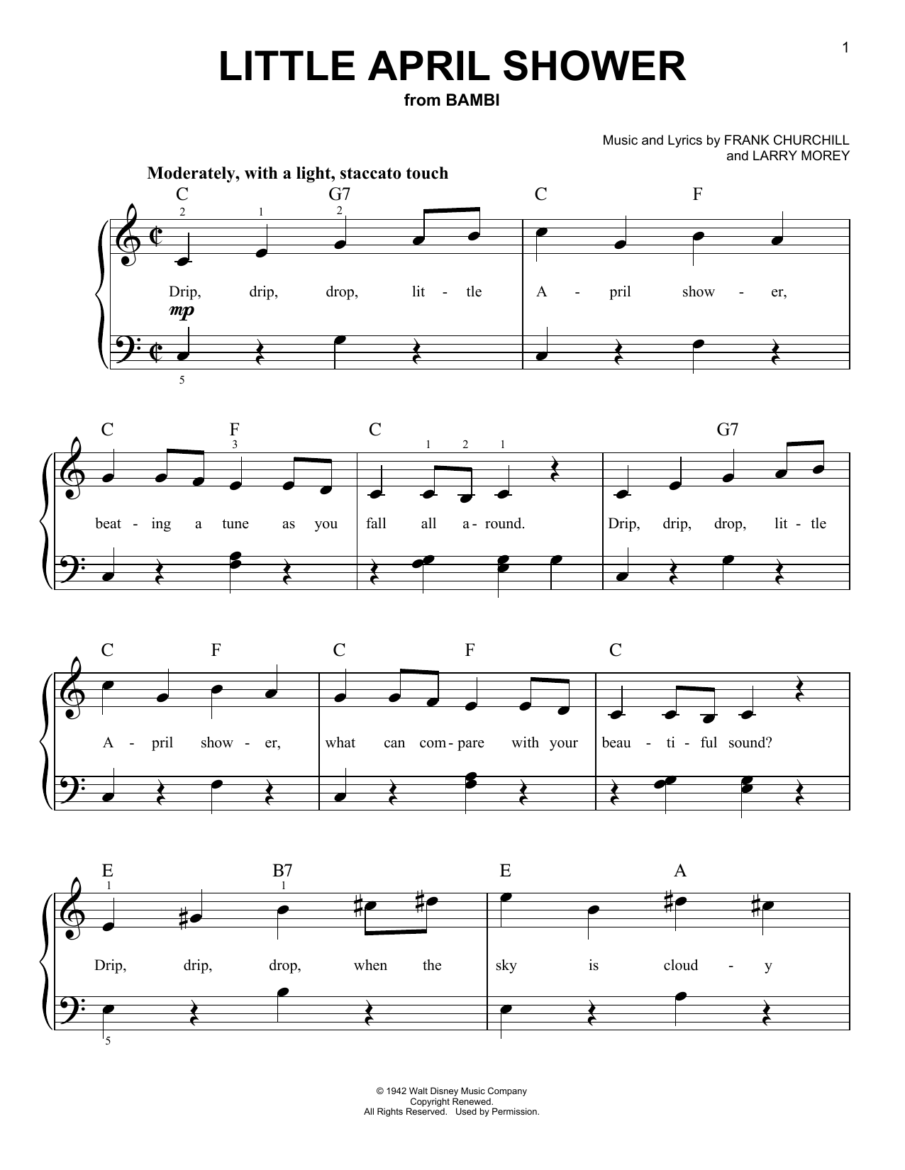 Download Frank Churchill Little April Shower (from Bambi) Sheet Music and learn how to play Very Easy Piano PDF digital score in minutes