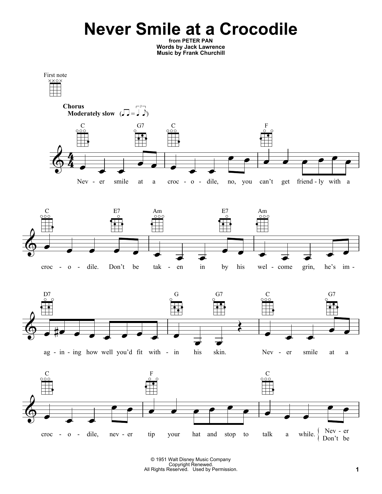 Download Frank Churchill Never Smile At A Crocodile (from Peter Pan) Sheet Music and learn how to play Ukulele PDF digital score in minutes