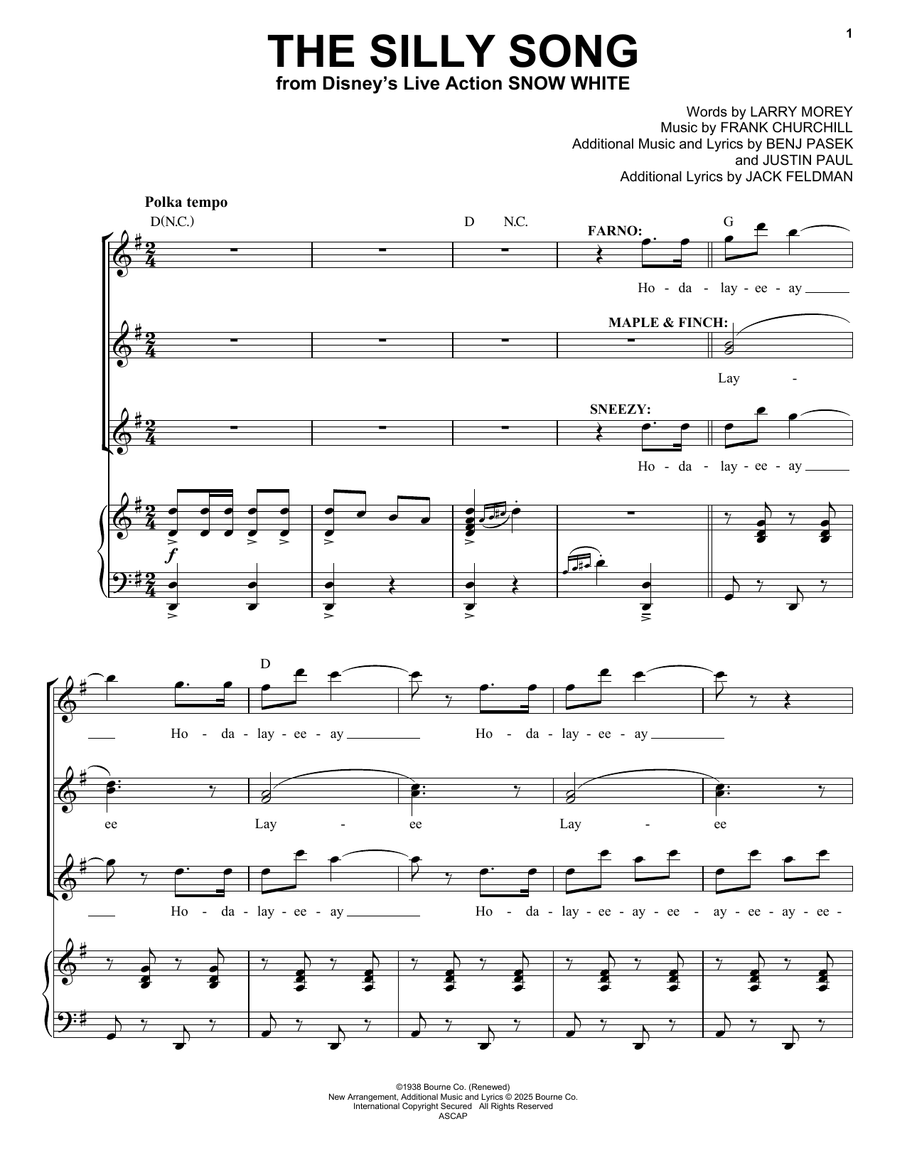 Download Frank Churchill The Dwarfs' Yodel Song (Silly Song) (from Snow White) (2025) Sheet Music and learn how to play Piano & Vocal PDF digital score in minutes