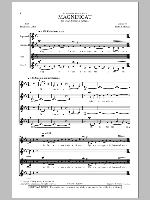 Download Frank La Rocca Magnificat Sheet Music and learn how to play SSA PDF digital score in minutes