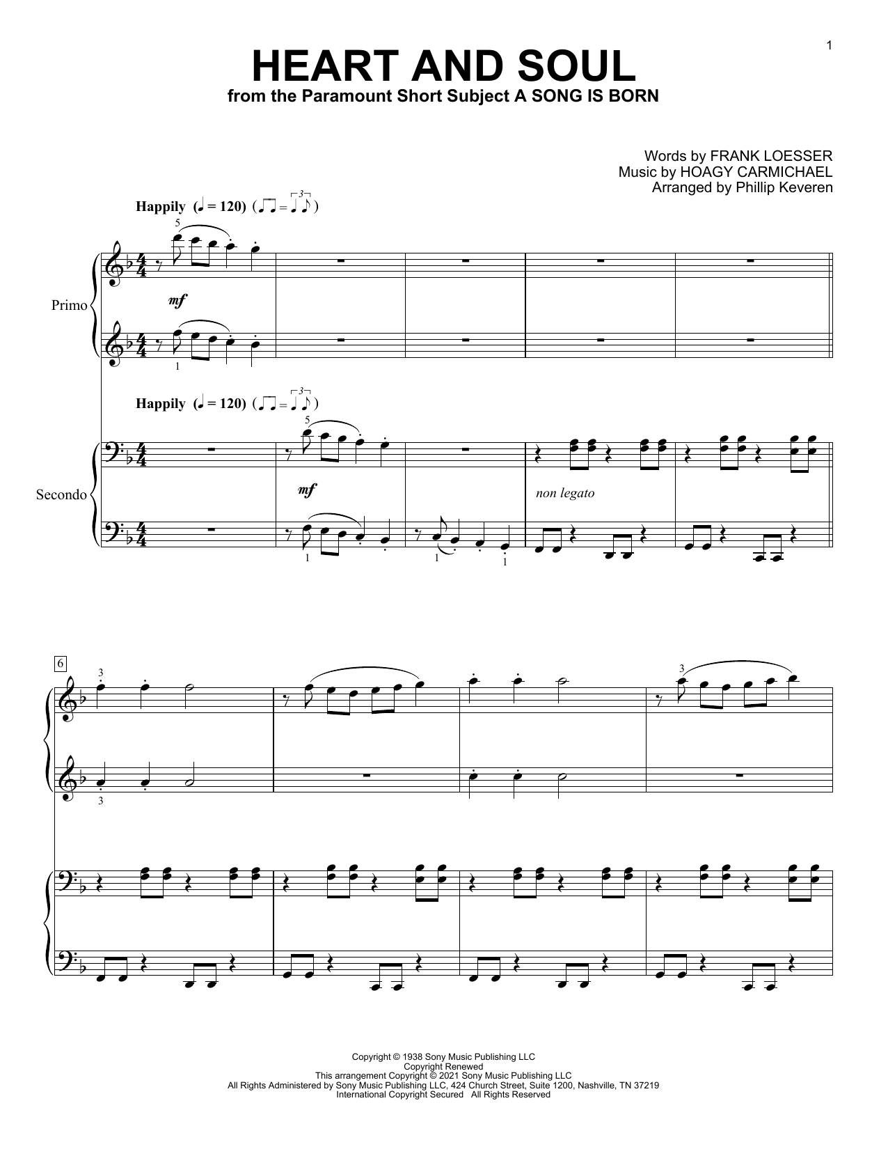 Download Frank Loesser & Hoagy Carmichael Heart And Soul (arr. Phillip Keveren) Sheet Music and learn how to play Piano Duet PDF digital score in minutes