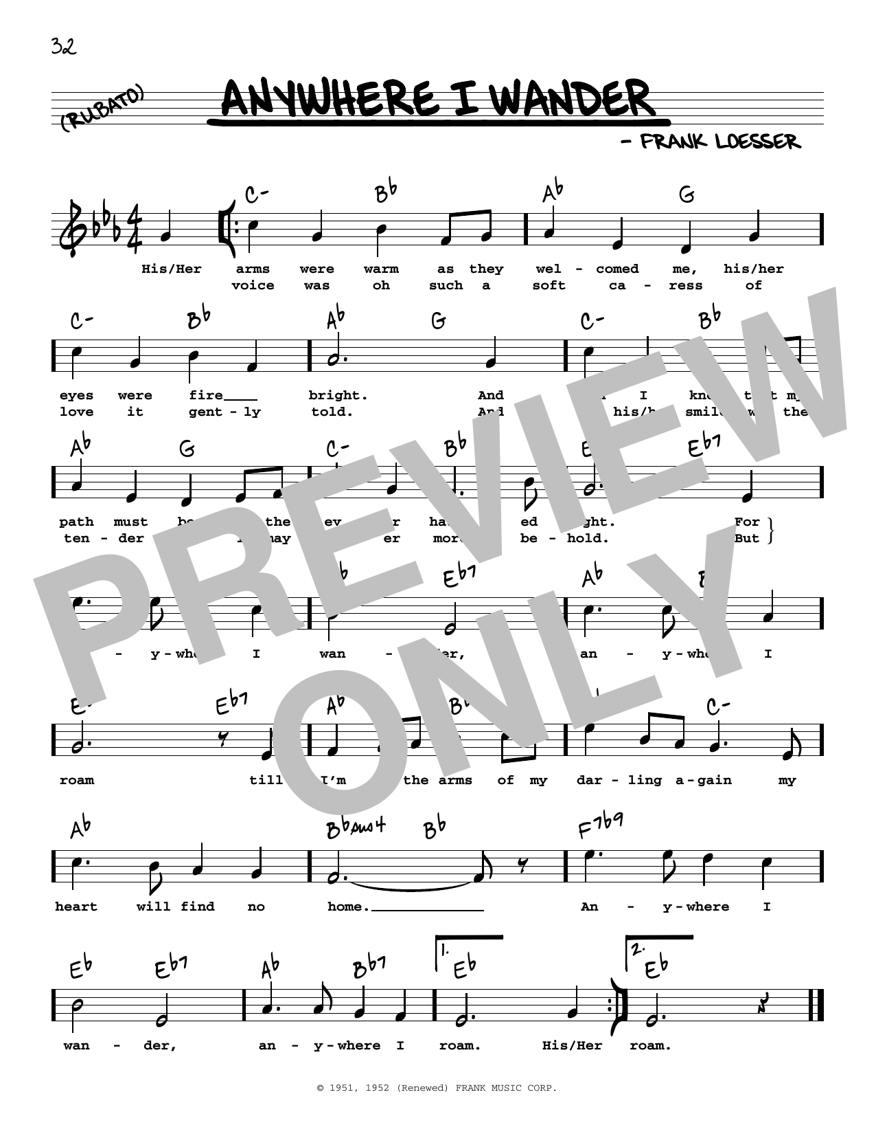 Download Frank Loesser Anywhere I Wander (High Voice) (from Hans Christian Andersen) Sheet Music and learn how to play Real Book – Melody, Lyrics & Chords PDF digital score in minutes