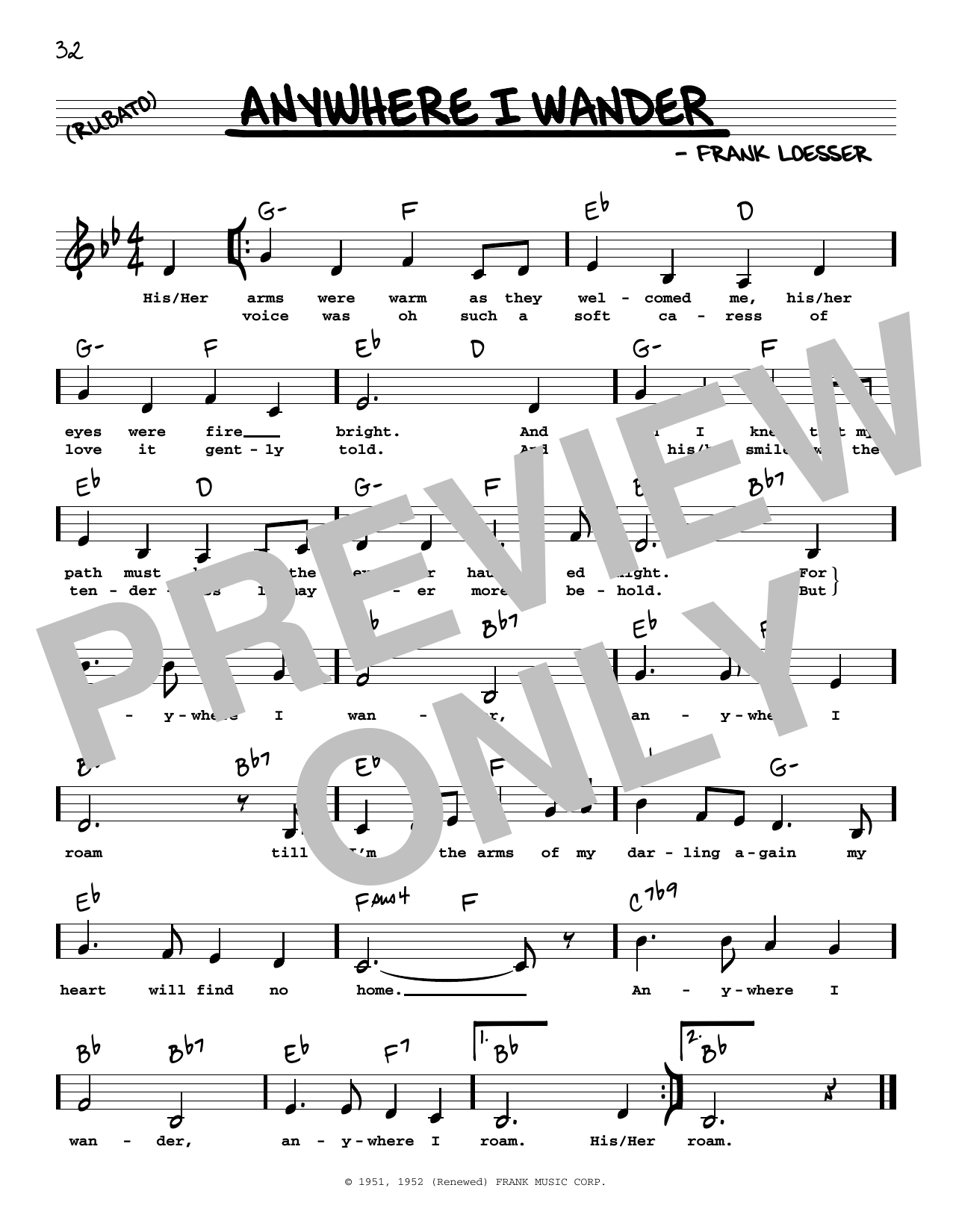 Download Frank Loesser Anywhere I Wander (Low Voice) Sheet Music and learn how to play Real Book – Melody, Lyrics & Chords PDF digital score in minutes