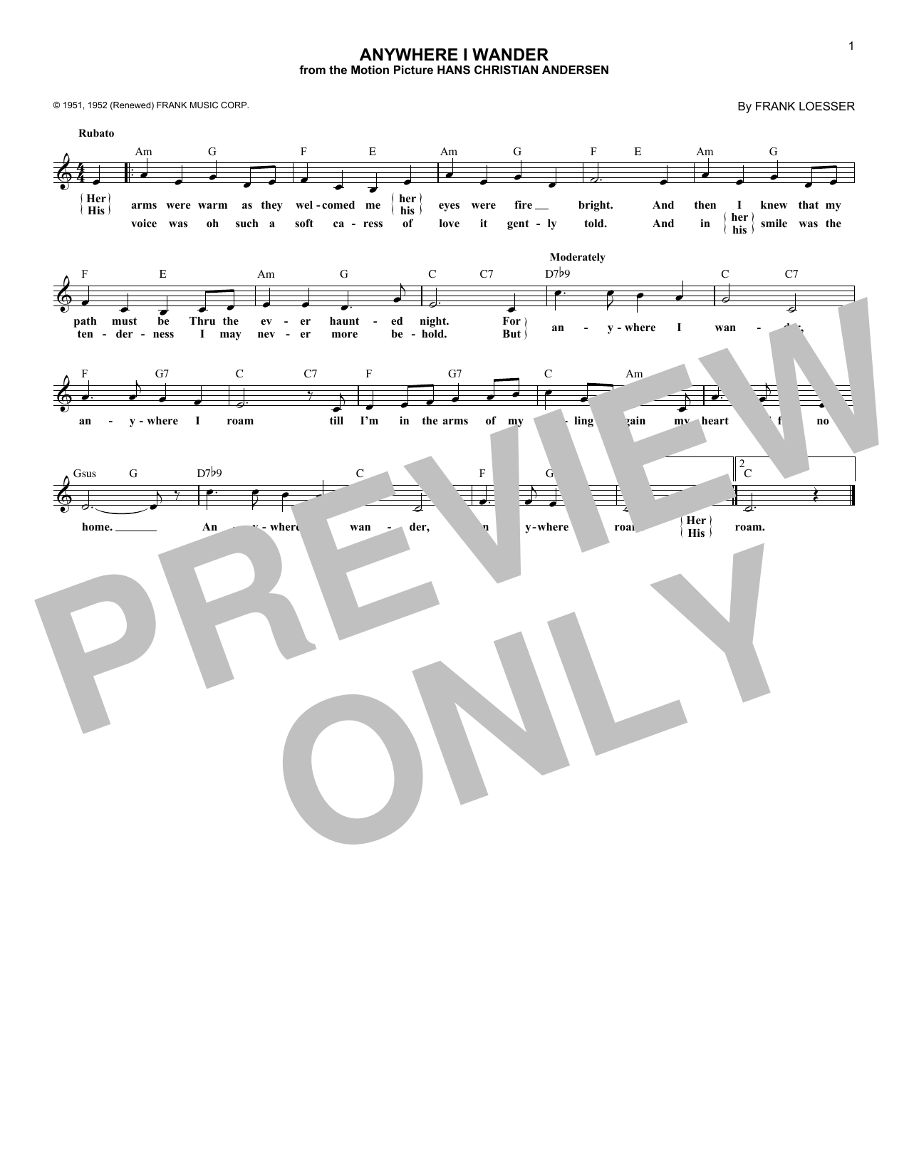 Download Frank Loesser Anywhere I Wander Sheet Music and learn how to play Melody Line, Lyrics & Chords PDF digital score in minutes