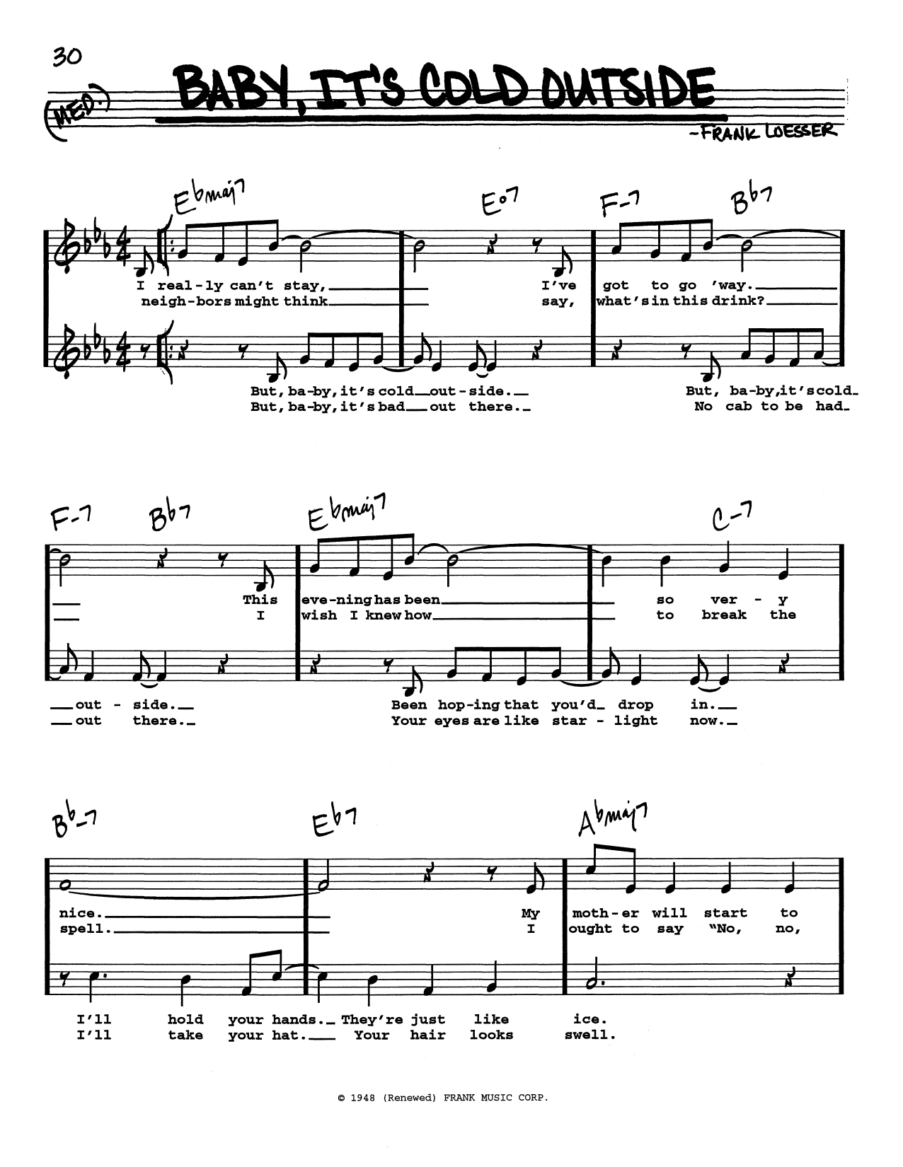 Download Frank Loesser Baby, It's Cold Outside (Low Voice) Sheet Music and learn how to play Real Book – Melody, Lyrics & Chords PDF digital score in minutes