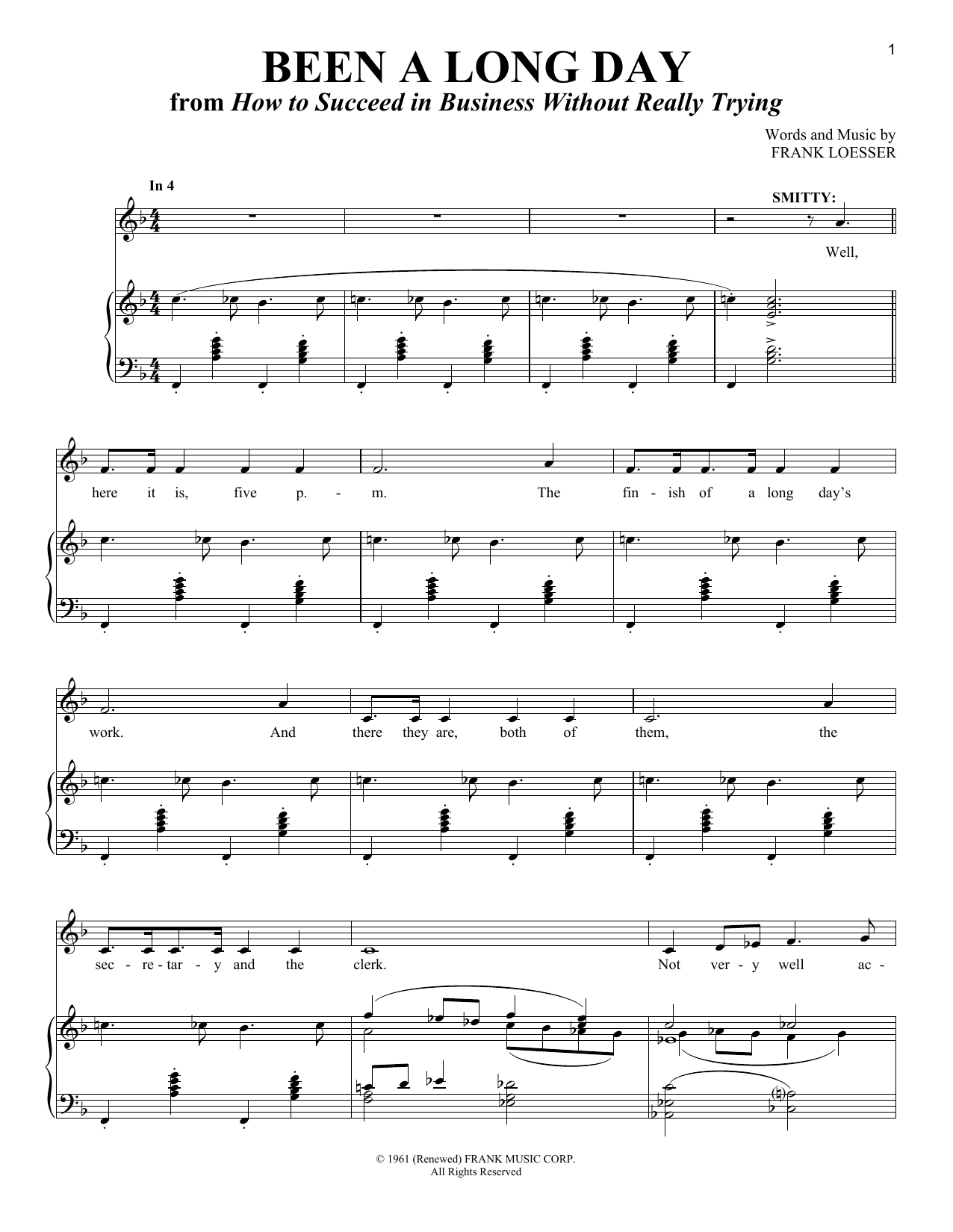 Download Frank Loesser Been A Long Day Sheet Music and learn how to play Piano & Vocal PDF digital score in minutes