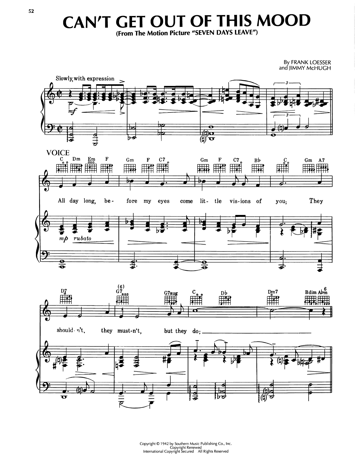 Download Frank Loesser Can't Get Out Of This Mood (from Seven Days' Leave) Sheet Music and learn how to play Piano, Vocal & Guitar Chords (Right-Hand Melody) PDF digital score in minutes