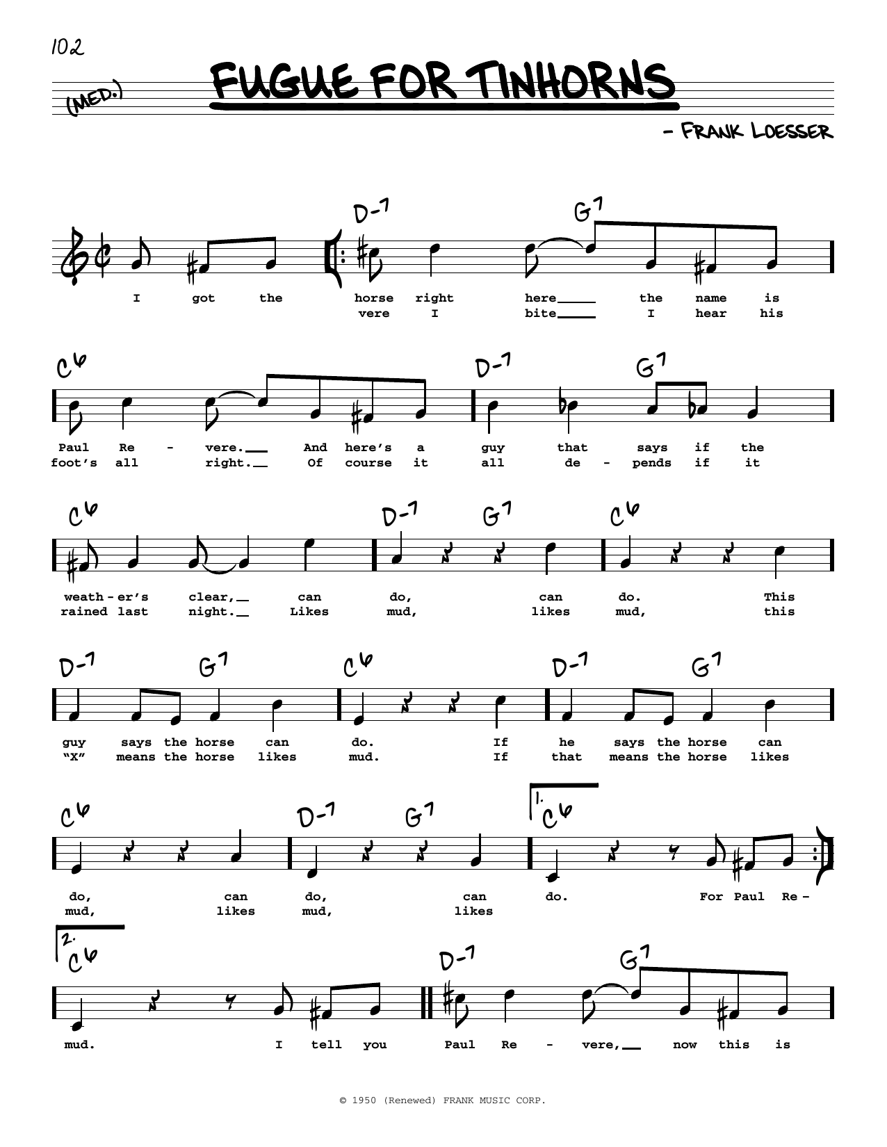 Download Frank Loesser Fugue For Tinhorns (High Voice) Sheet Music and learn how to play Real Book – Melody, Lyrics & Chords PDF digital score in minutes
