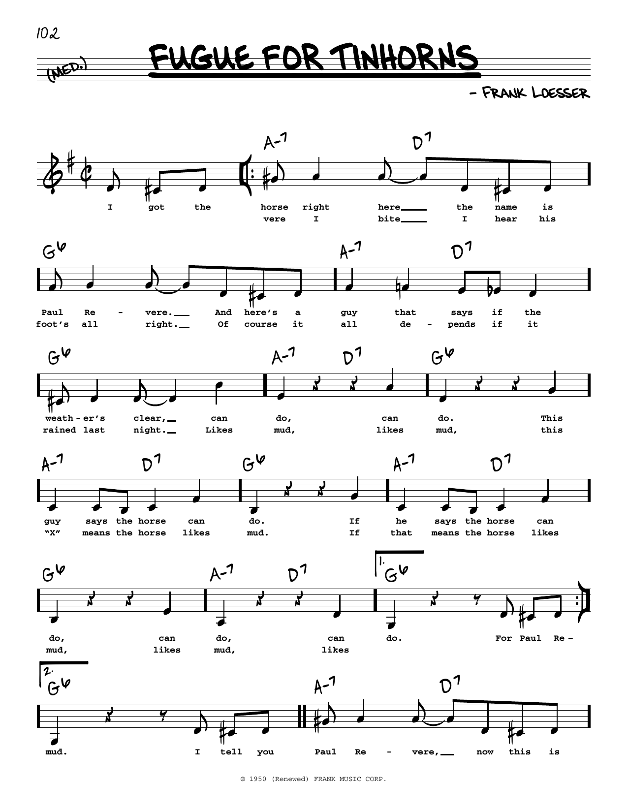 Download Frank Loesser Fugue For Tinhorns (Low Voice) Sheet Music and learn how to play Real Book – Melody, Lyrics & Chords PDF digital score in minutes