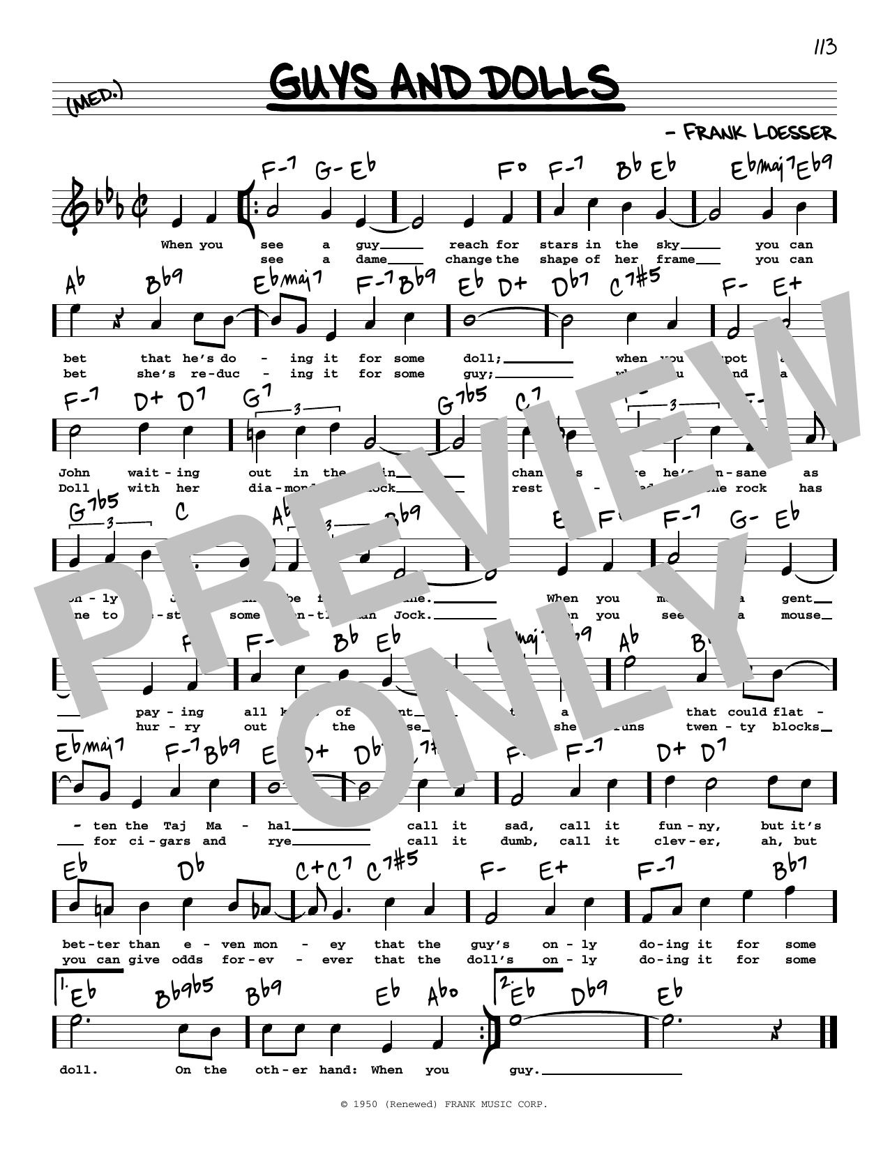 Download Frank Loesser Guys And Dolls (High Voice) Sheet Music and learn how to play Real Book – Melody, Lyrics & Chords PDF digital score in minutes