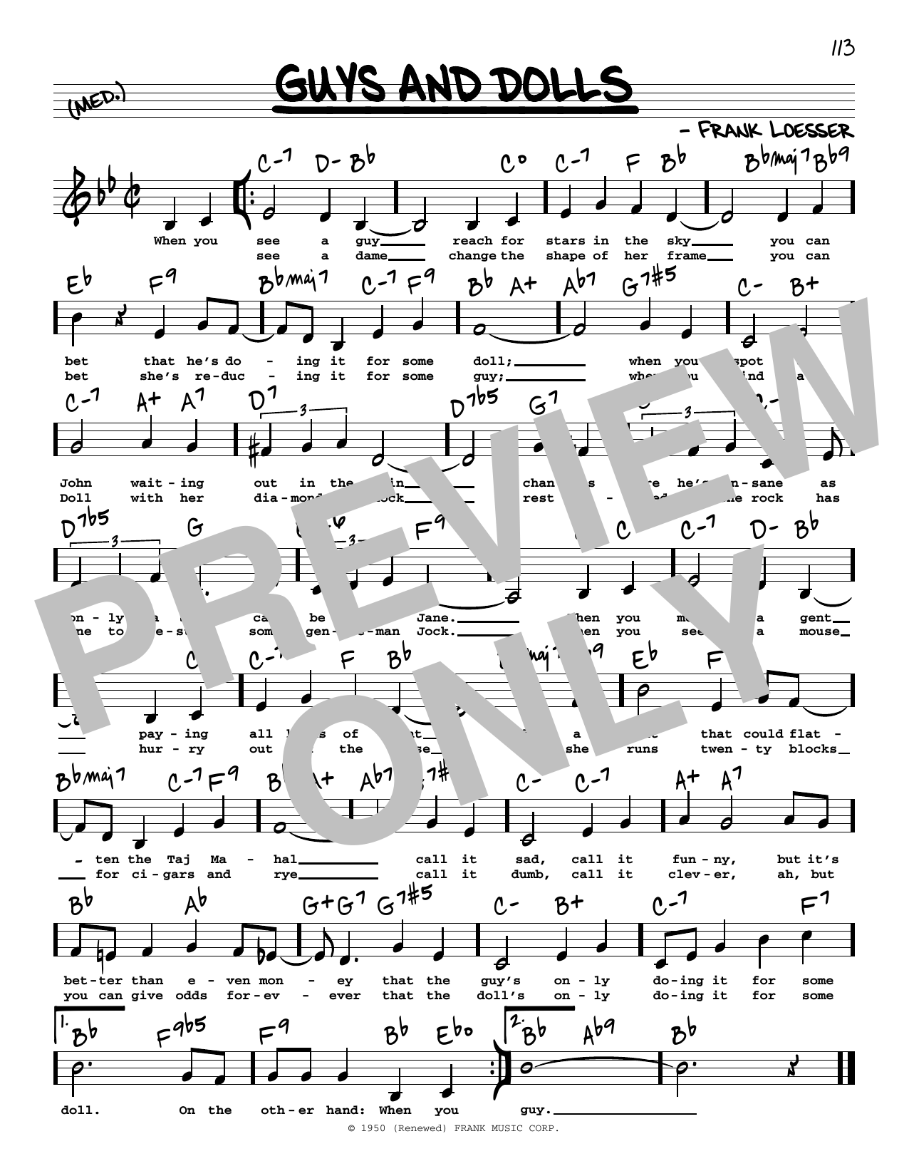 Download Frank Loesser Guys And Dolls (Low Voice) Sheet Music and learn how to play Real Book – Melody, Lyrics & Chords PDF digital score in minutes