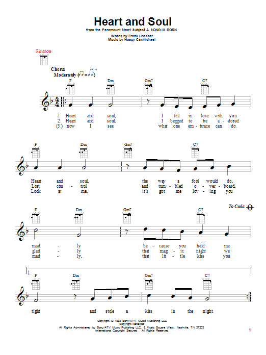 Download Frank Loesser Heart And Soul Sheet Music and learn how to play Easy Ukulele Tab PDF digital score in minutes