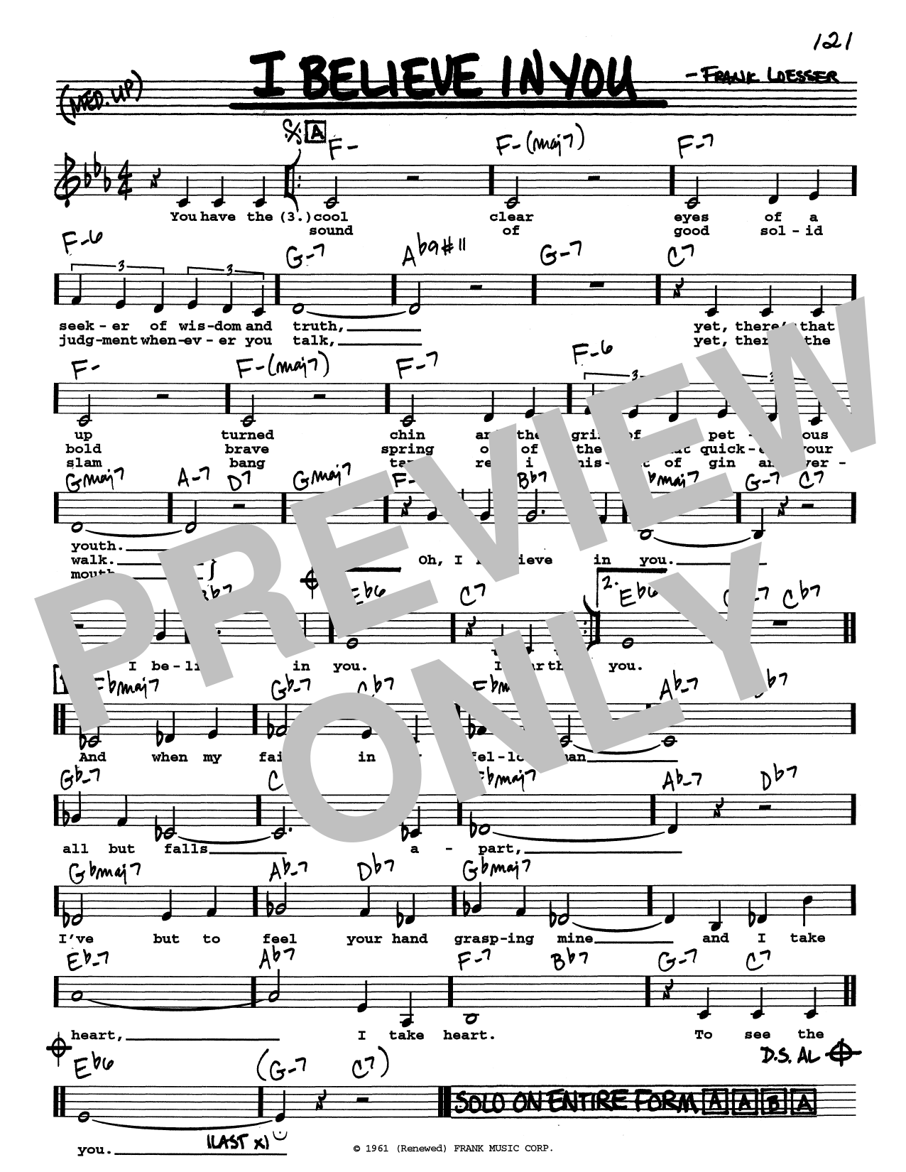 Download Frank Loesser I Believe In You (Low Voice) Sheet Music and learn how to play Real Book – Melody, Lyrics & Chords PDF digital score in minutes