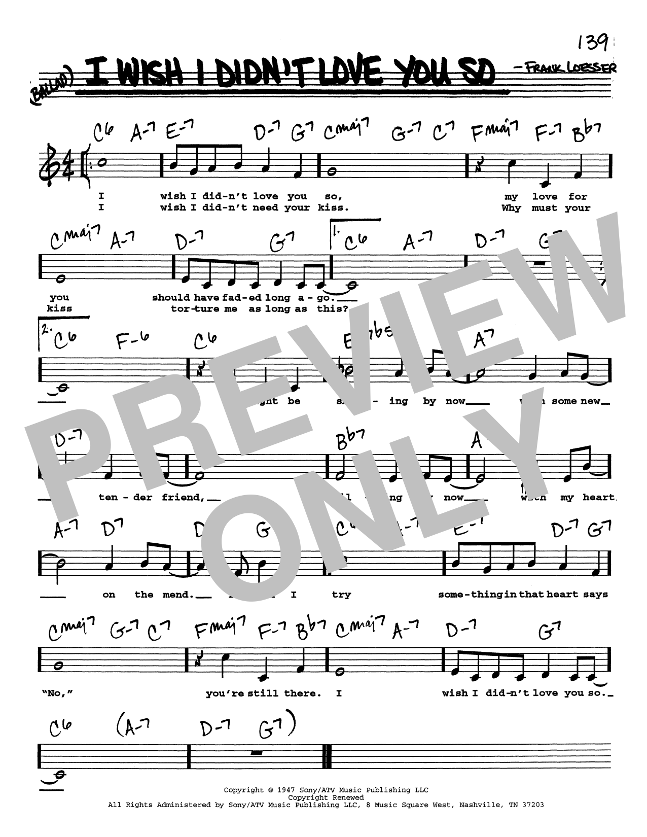 Download Frank Loesser I Wish I Didn't Love You So (Low Voice) Sheet Music and learn how to play Real Book – Melody, Lyrics & Chords PDF digital score in minutes