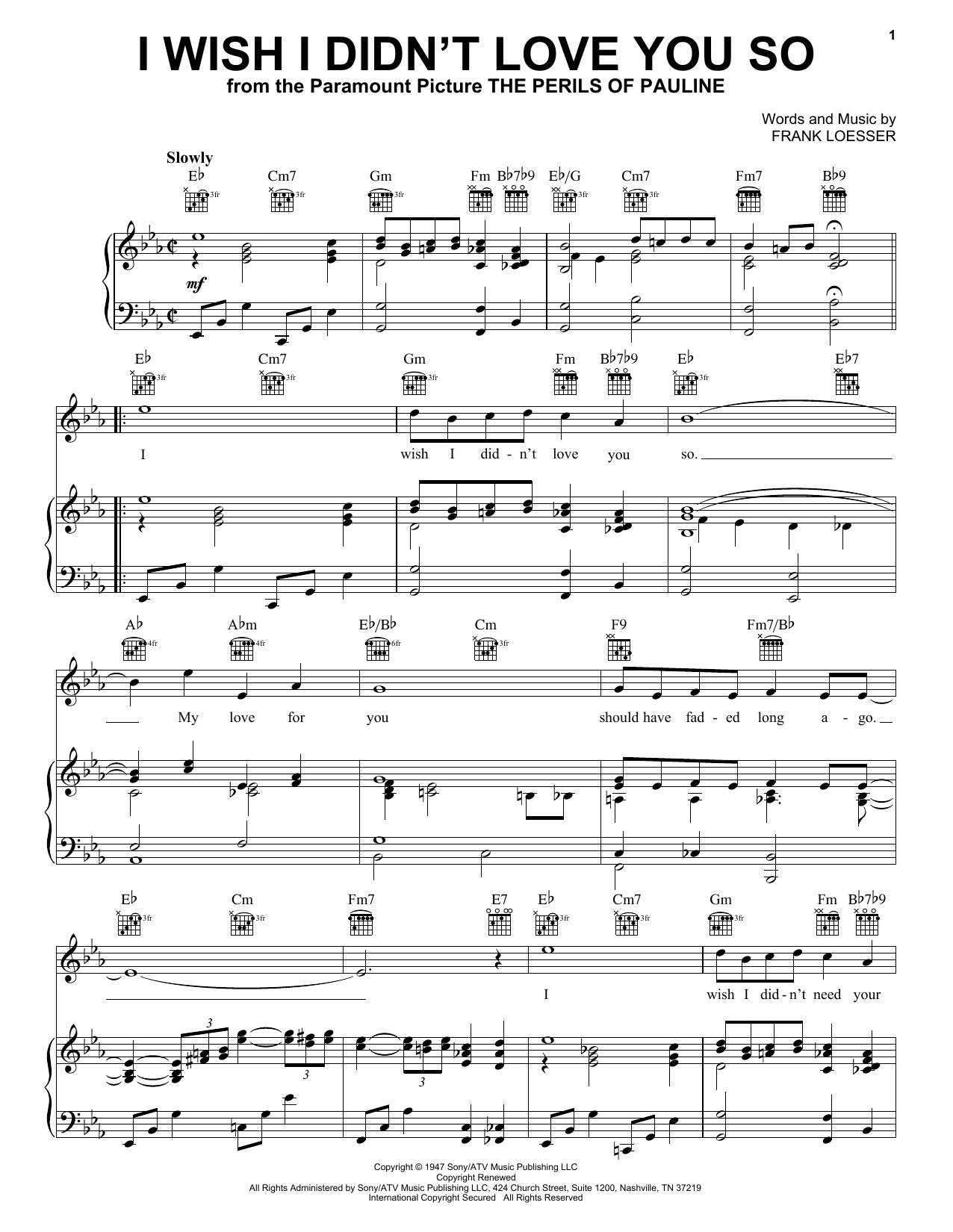 Download Frank Loesser I Wish I Didn't Love You So Sheet Music and learn how to play Real Book - Melody & Chords - C Instruments PDF digital score in minutes