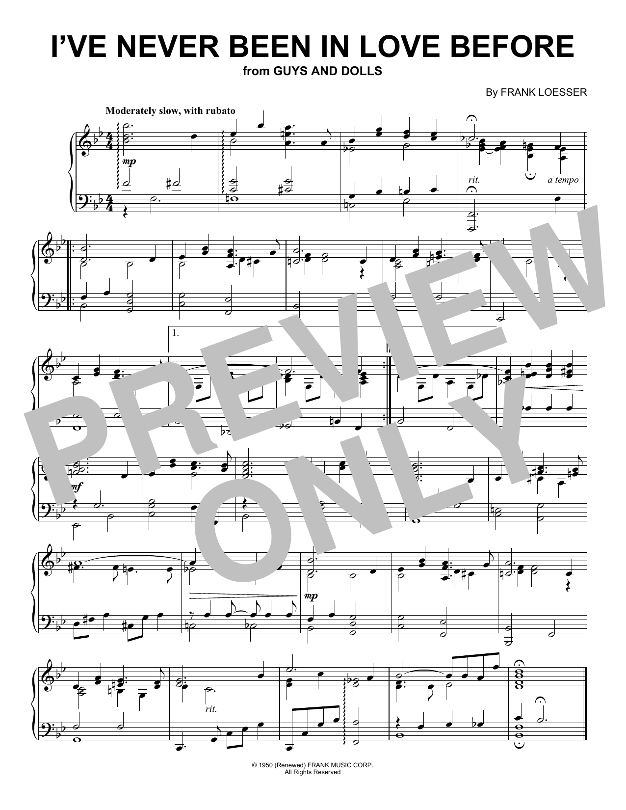 Download Frank Loesser I've Never Been In Love Before (from Guys And Dolls) (Peaceful Piano Solo) Sheet Music and learn how to play Piano Solo PDF digital score in minutes