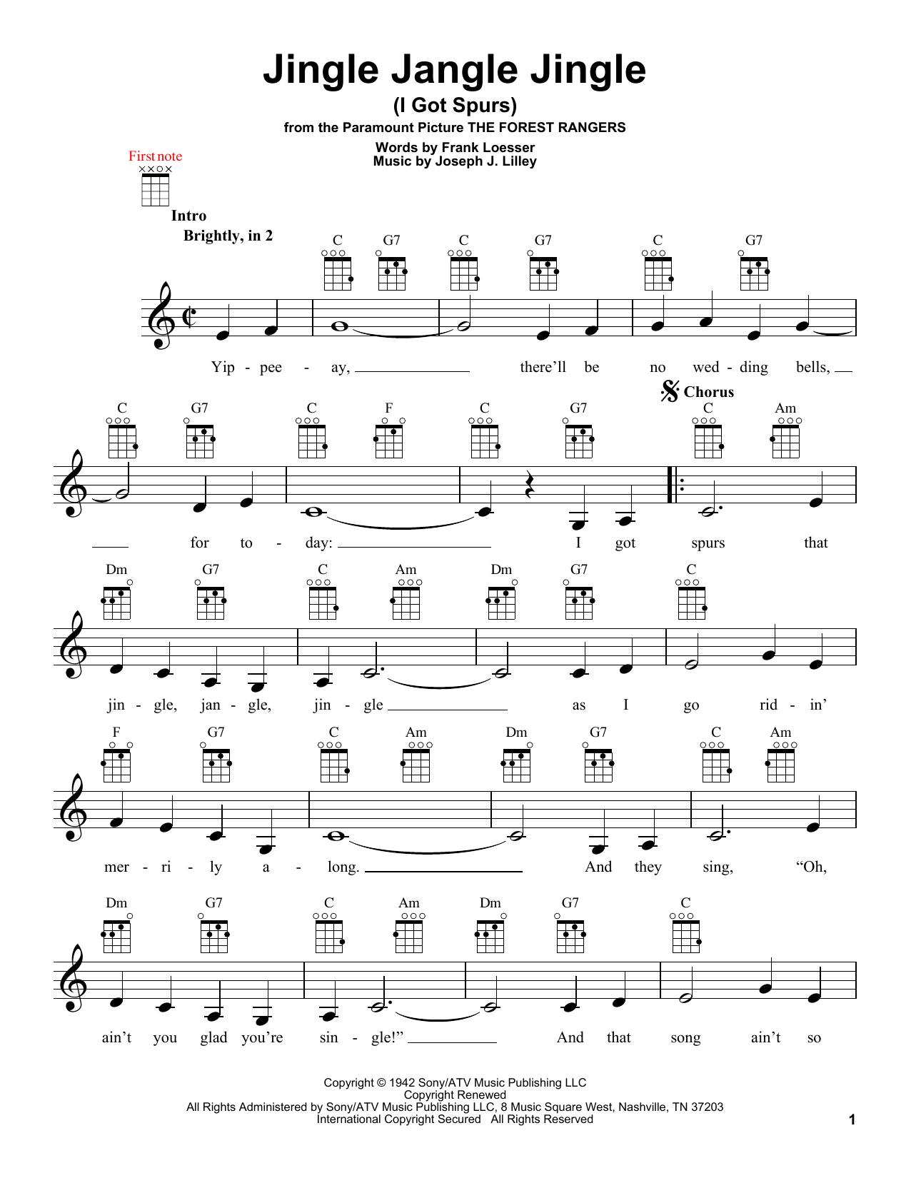 Download Frank Loesser Jingle Jangle Jingle (I Got Spurs) Sheet Music and learn how to play Banjo PDF digital score in minutes