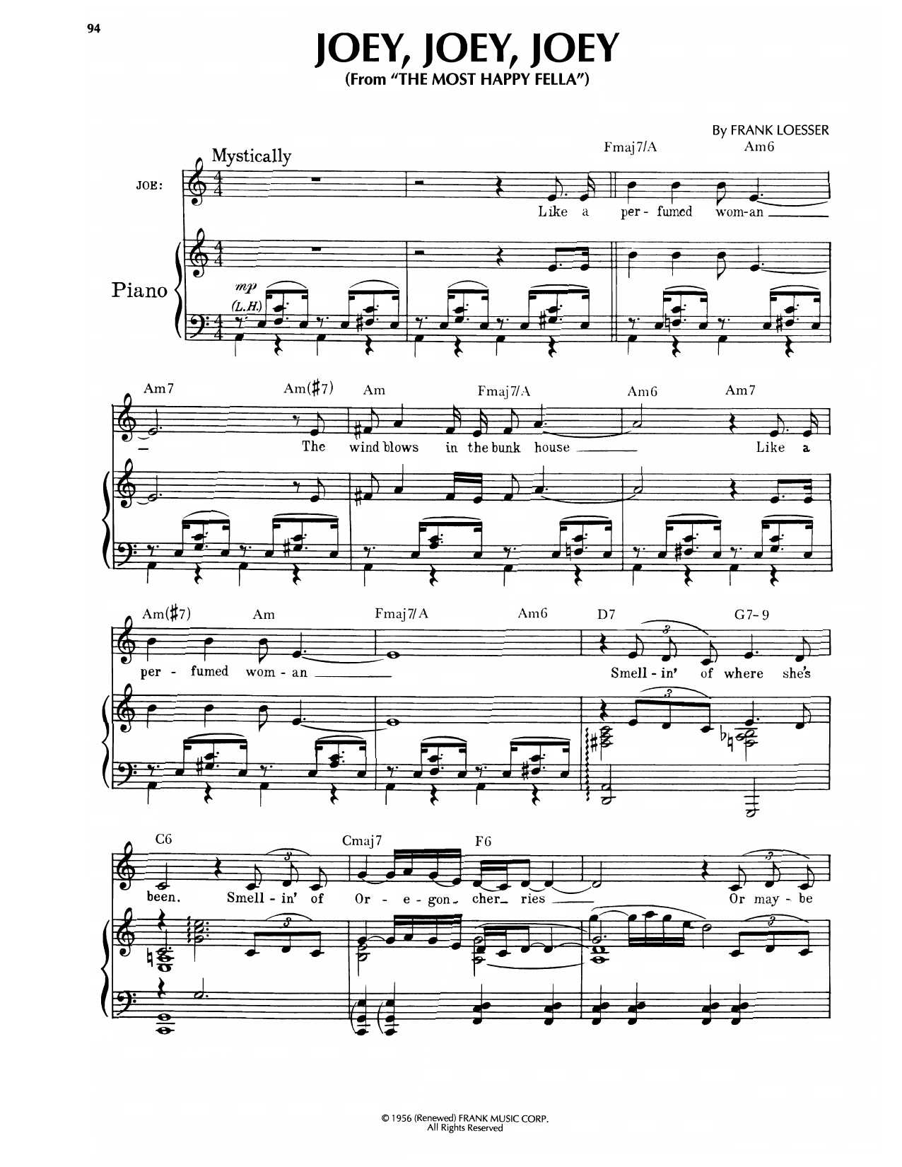 Download Frank Loesser Joey, Joey, Joey (from The Most Happy Fella) Sheet Music and learn how to play Piano, Vocal & Guitar Chords (Right-Hand Melody) PDF digital score in minutes